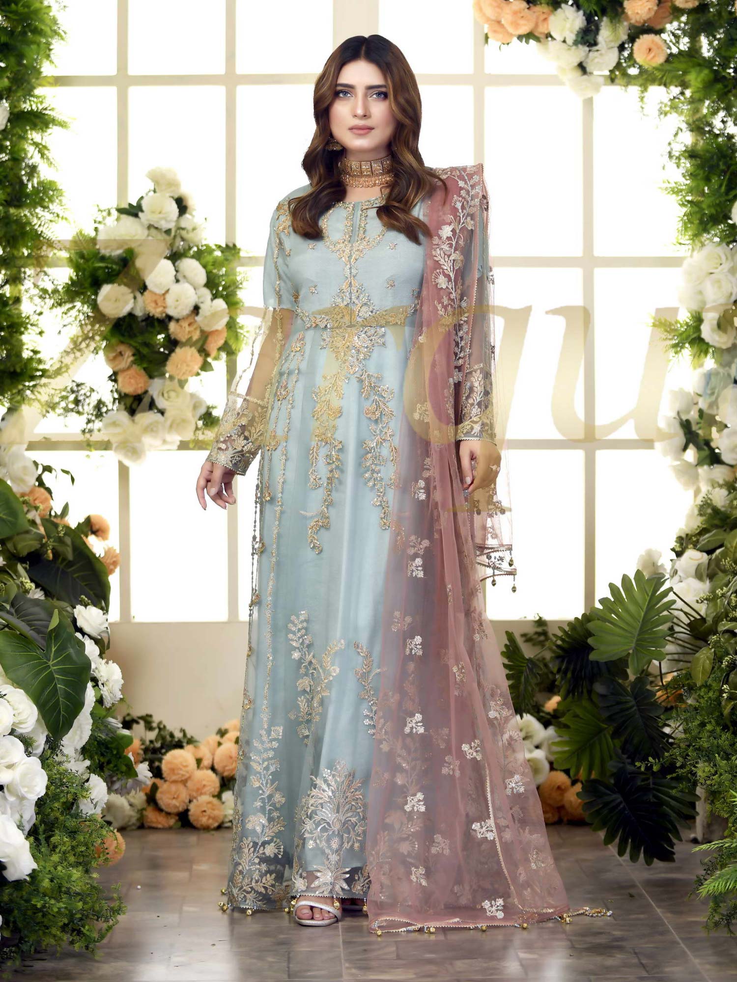 Zarqun Sky Blue Fancy Embroidered Net Maxi Suit