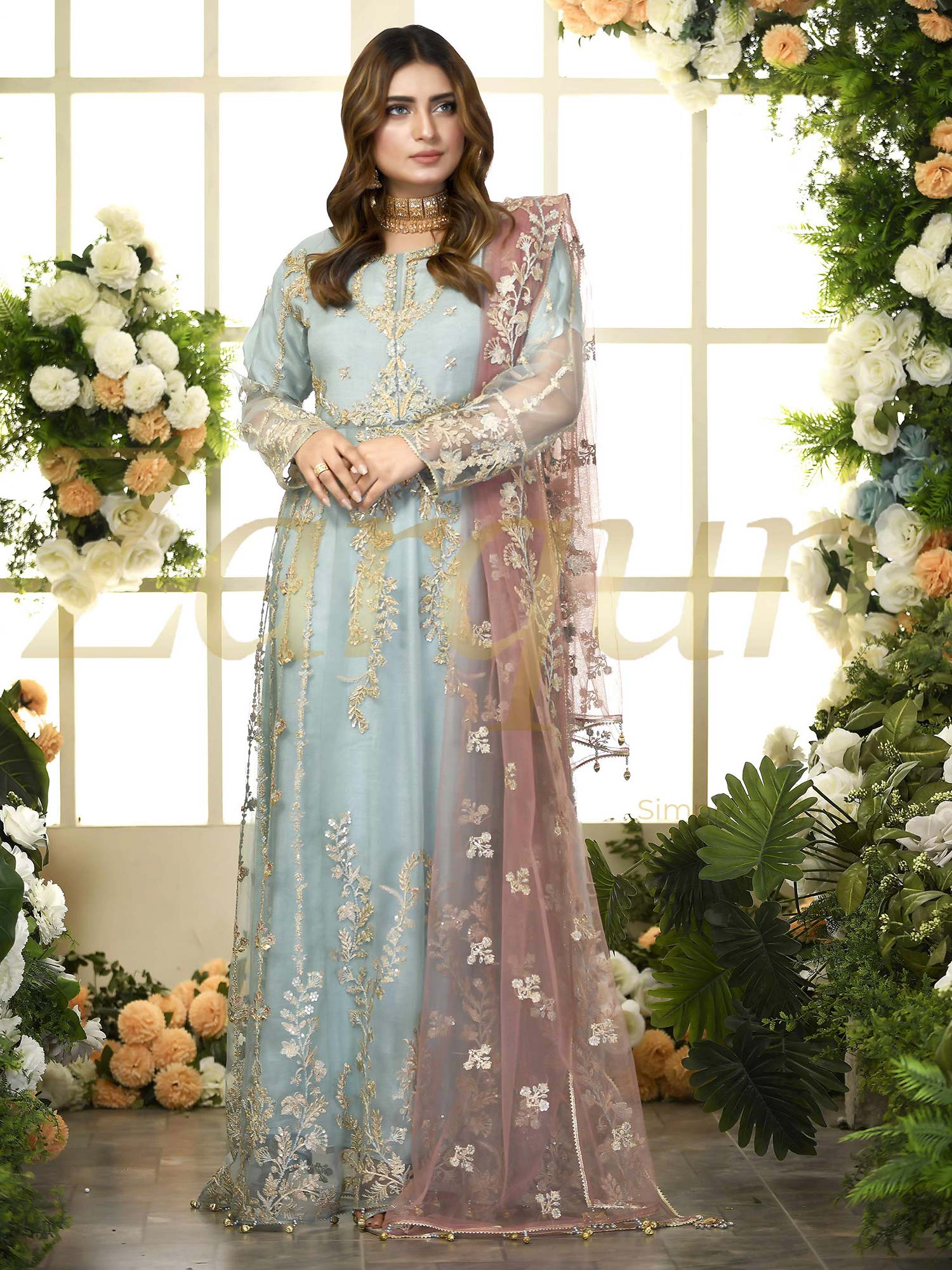 Zarqun Sky Blue Fancy Embroidered Net Maxi Suit