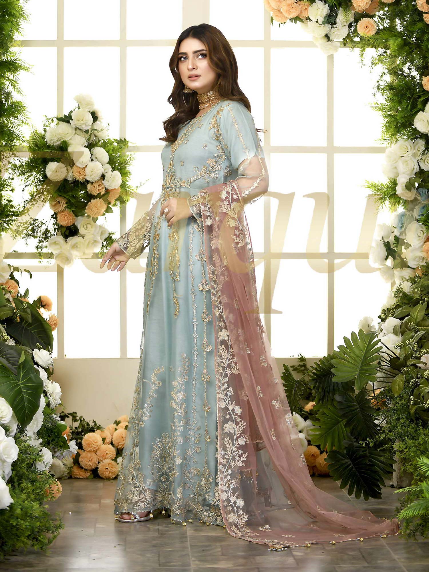 Zarqun Sky Blue Fancy Embroidered Net Maxi Suit