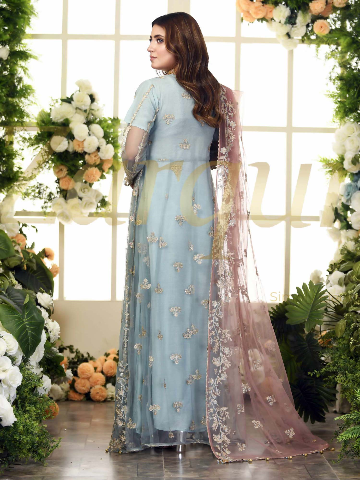 Zarqun Sky Blue Fancy Embroidered Net Maxi Suit