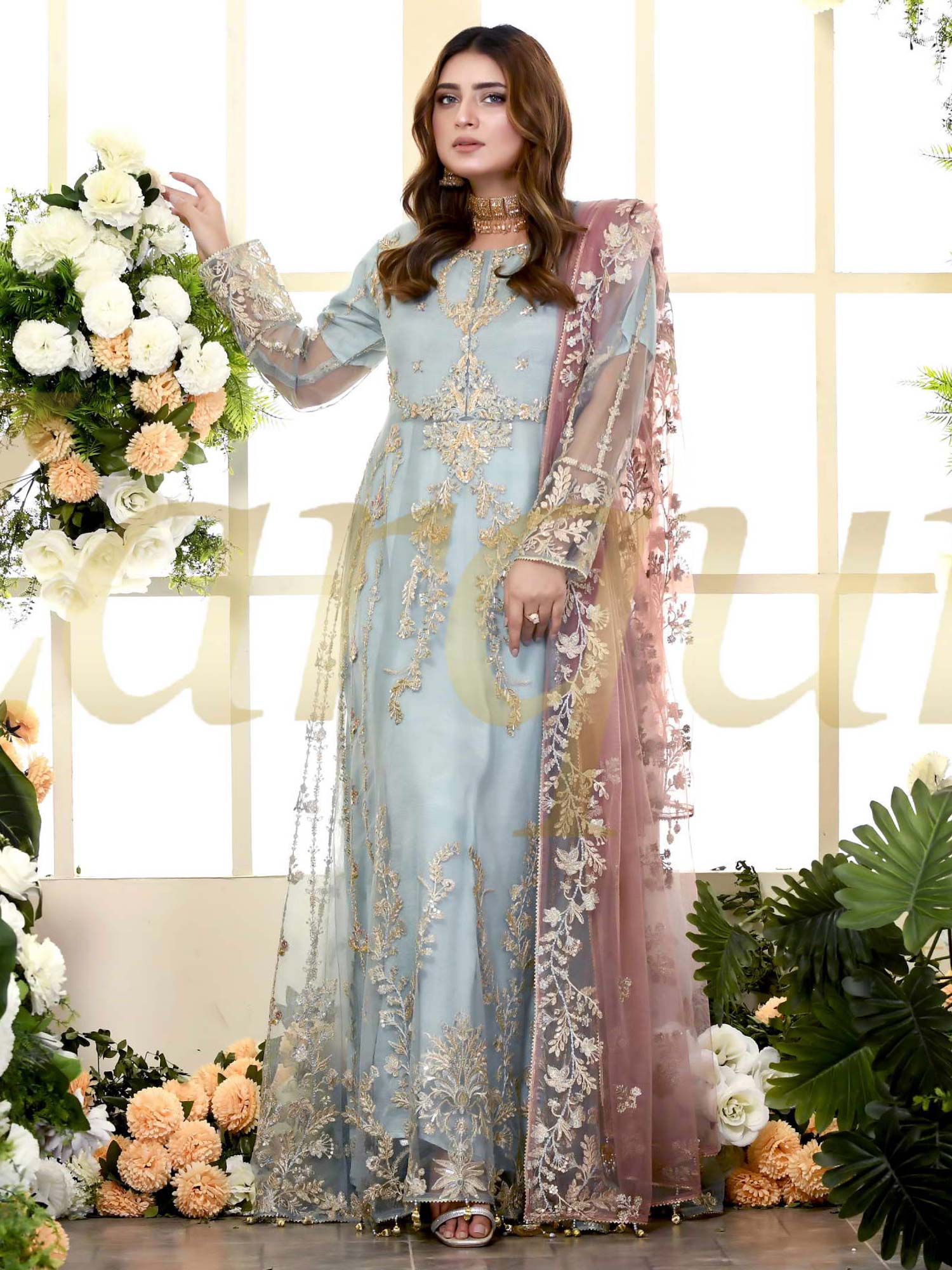 Zarqun Sky Blue Fancy Embroidered Net Maxi Suit