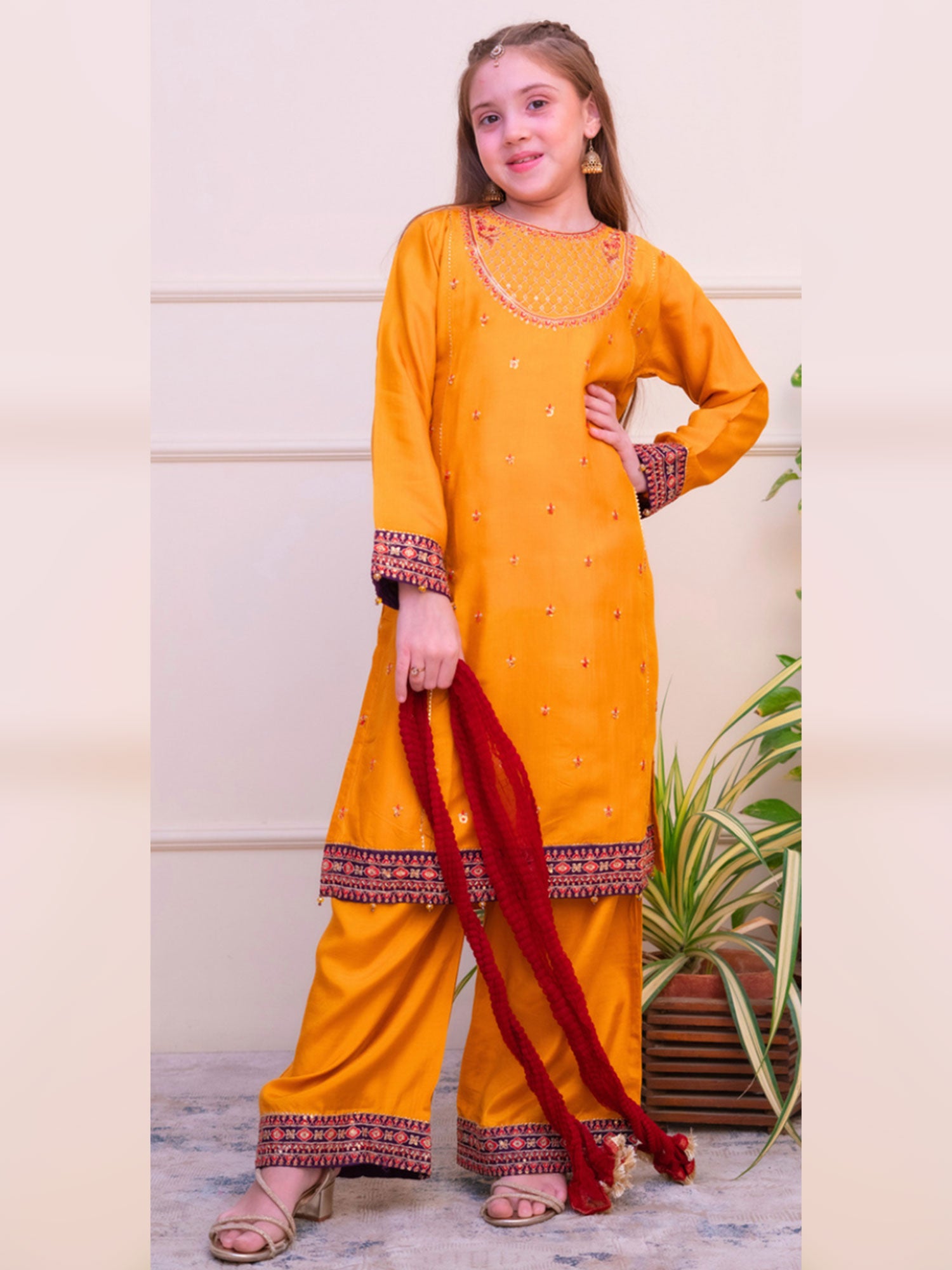Kids Embroidered Lux Raw Silk Suit - Mustard