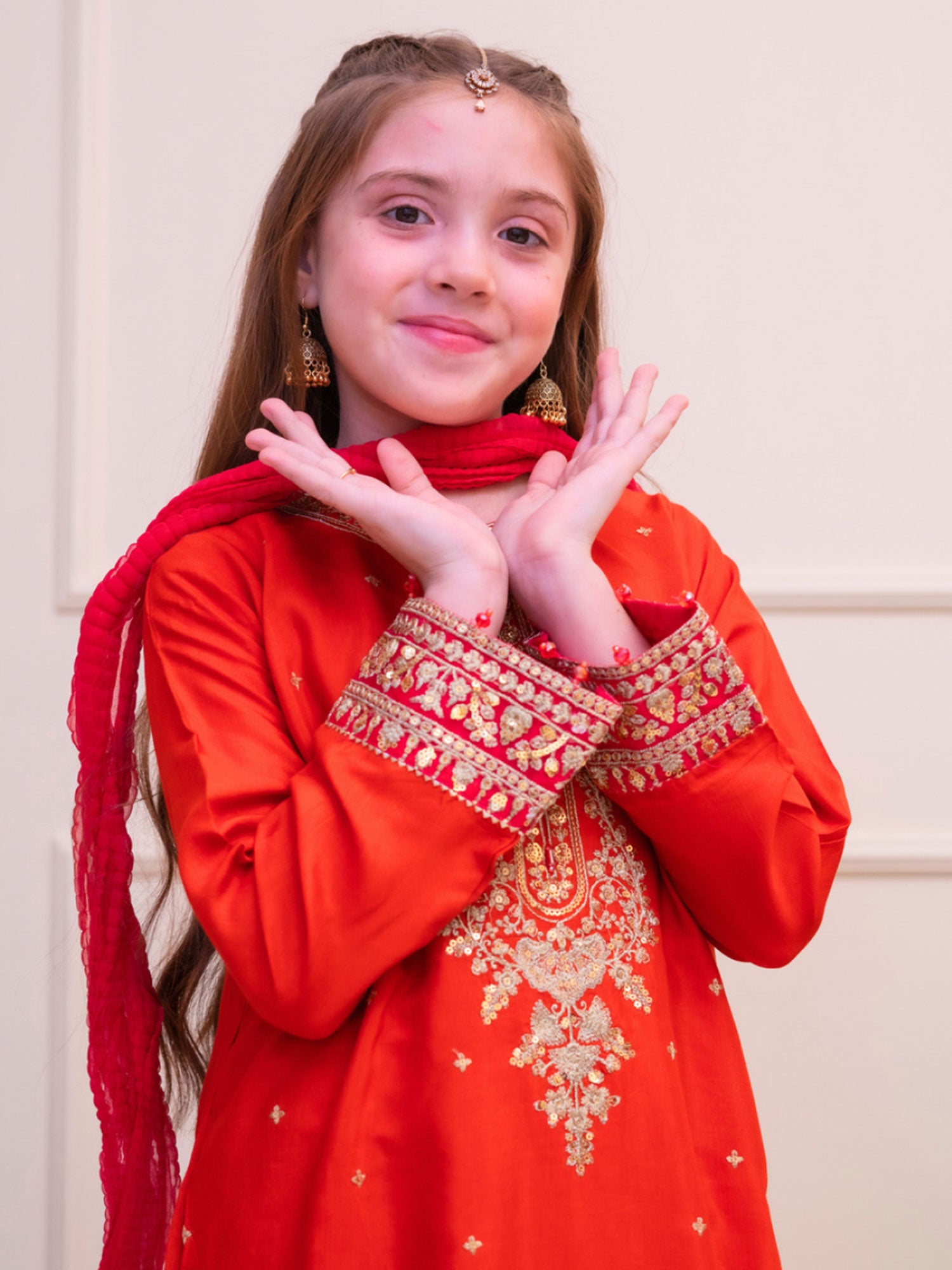 Kids Embroidered Lux Raw Silk Suit - Rust Red