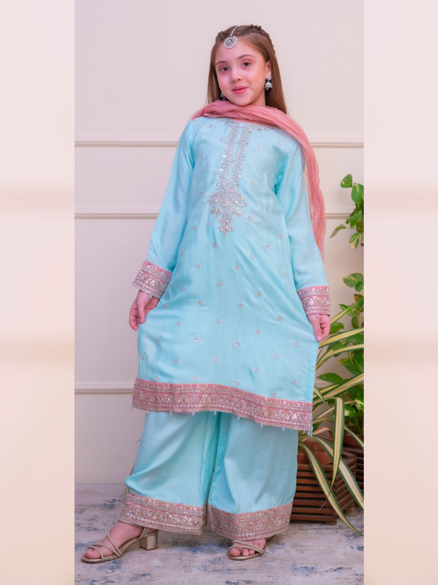 Kids Embroidered Lux Raw Silk Suit - Aqua Blue
