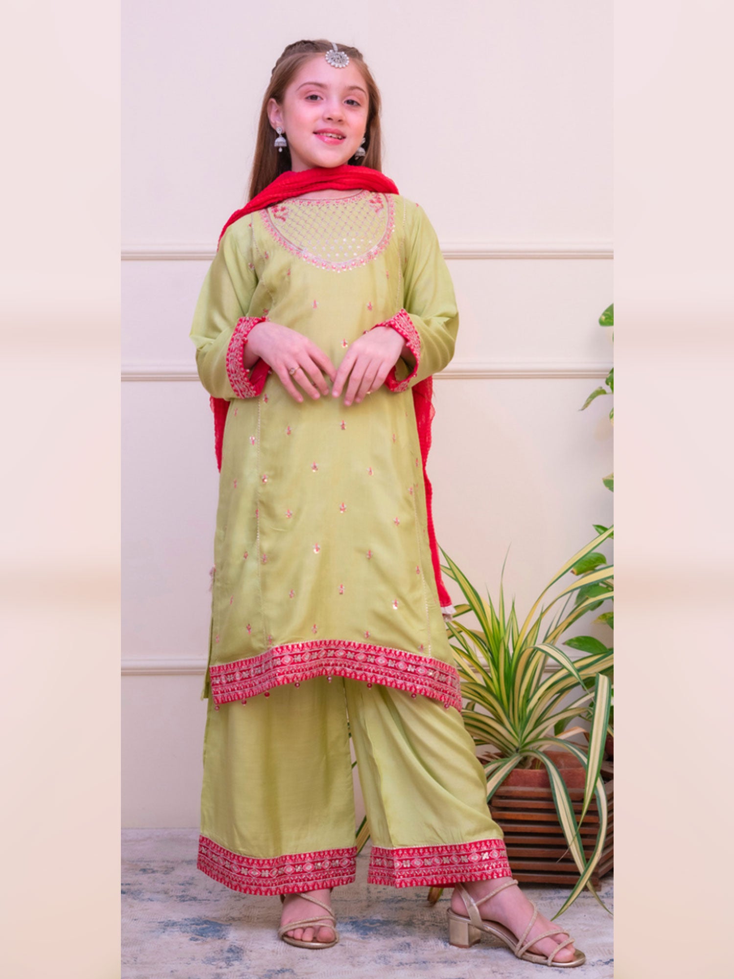 Kids Embroidered Lux Raw Silk Suit - Lime Green