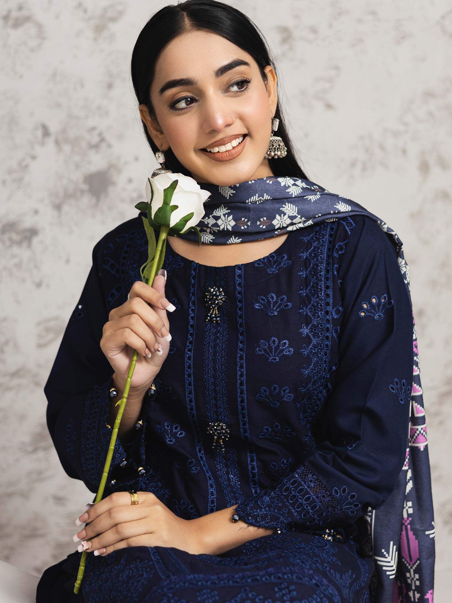 Rangz Navy Blue Winter Chikankari Dhanak Suit with Shawl
