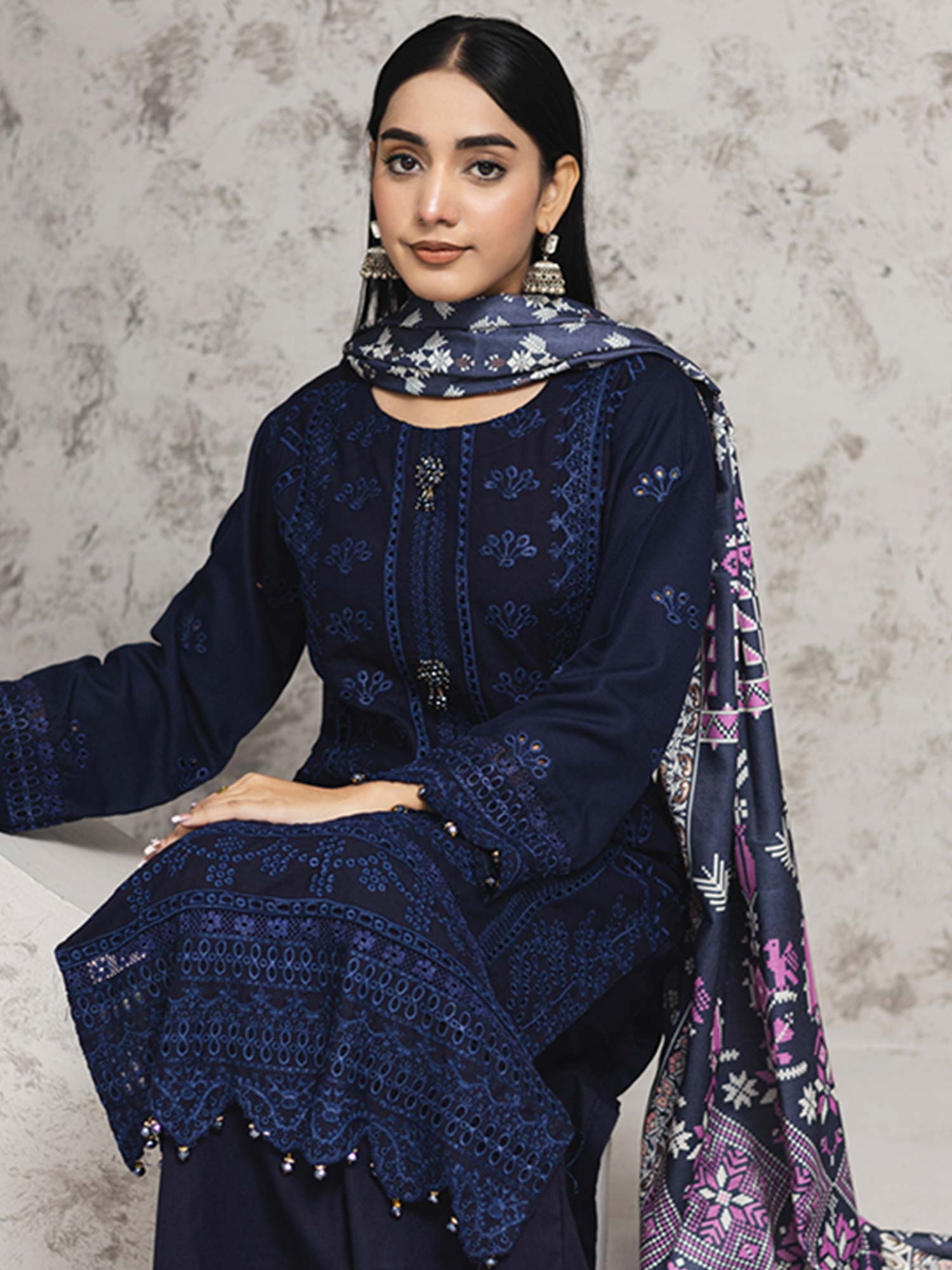 Rangz Navy Blue Winter Chikankari Dhanak Suit with Shawl