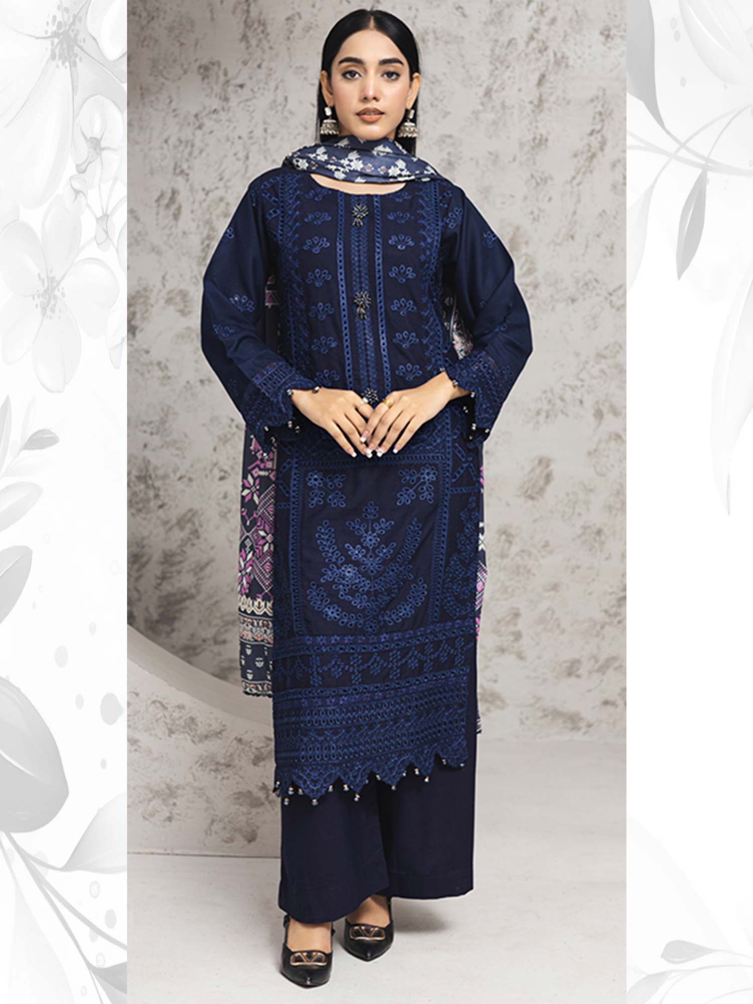Rangz Navy Blue Winter Chikankari Dhanak Suit with Shawl
