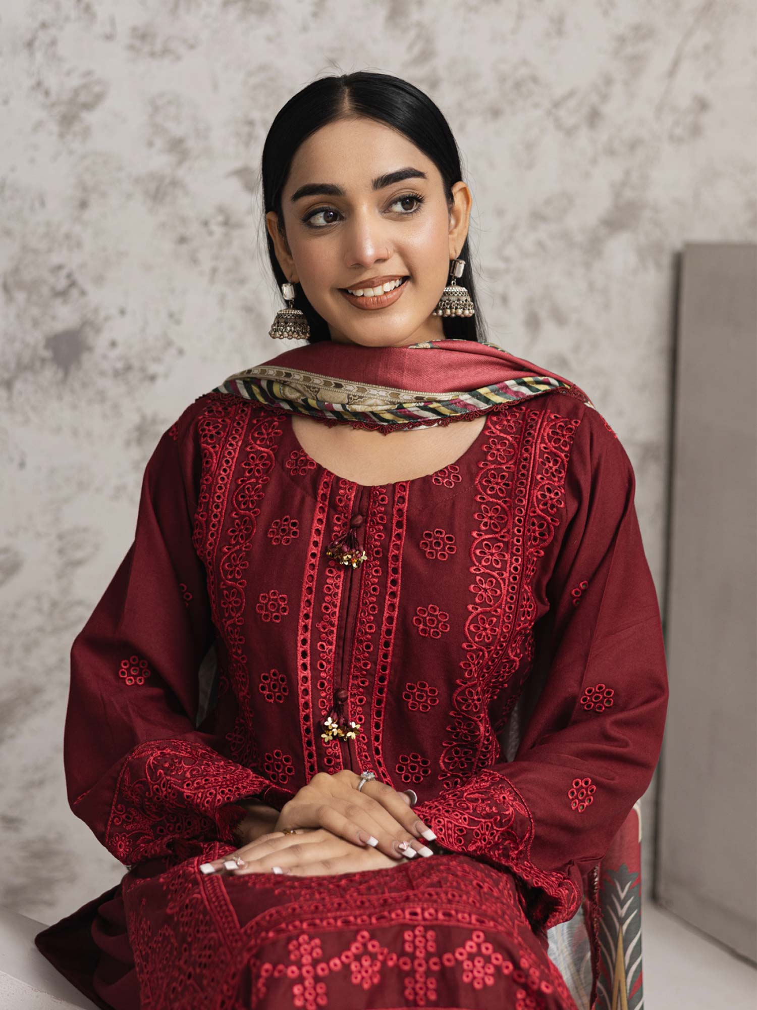 Rangz Dark Red Winter Chikankari Dhanak Suit with Shawl