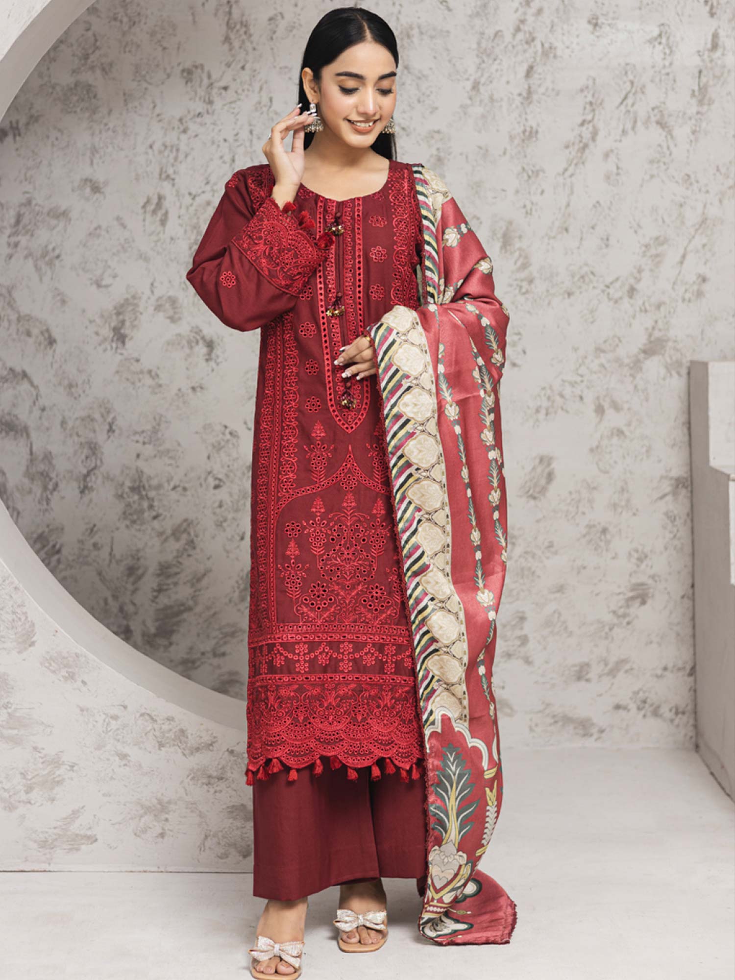 Rangz Dark Red Winter Chikankari Dhanak Suit with Shawl