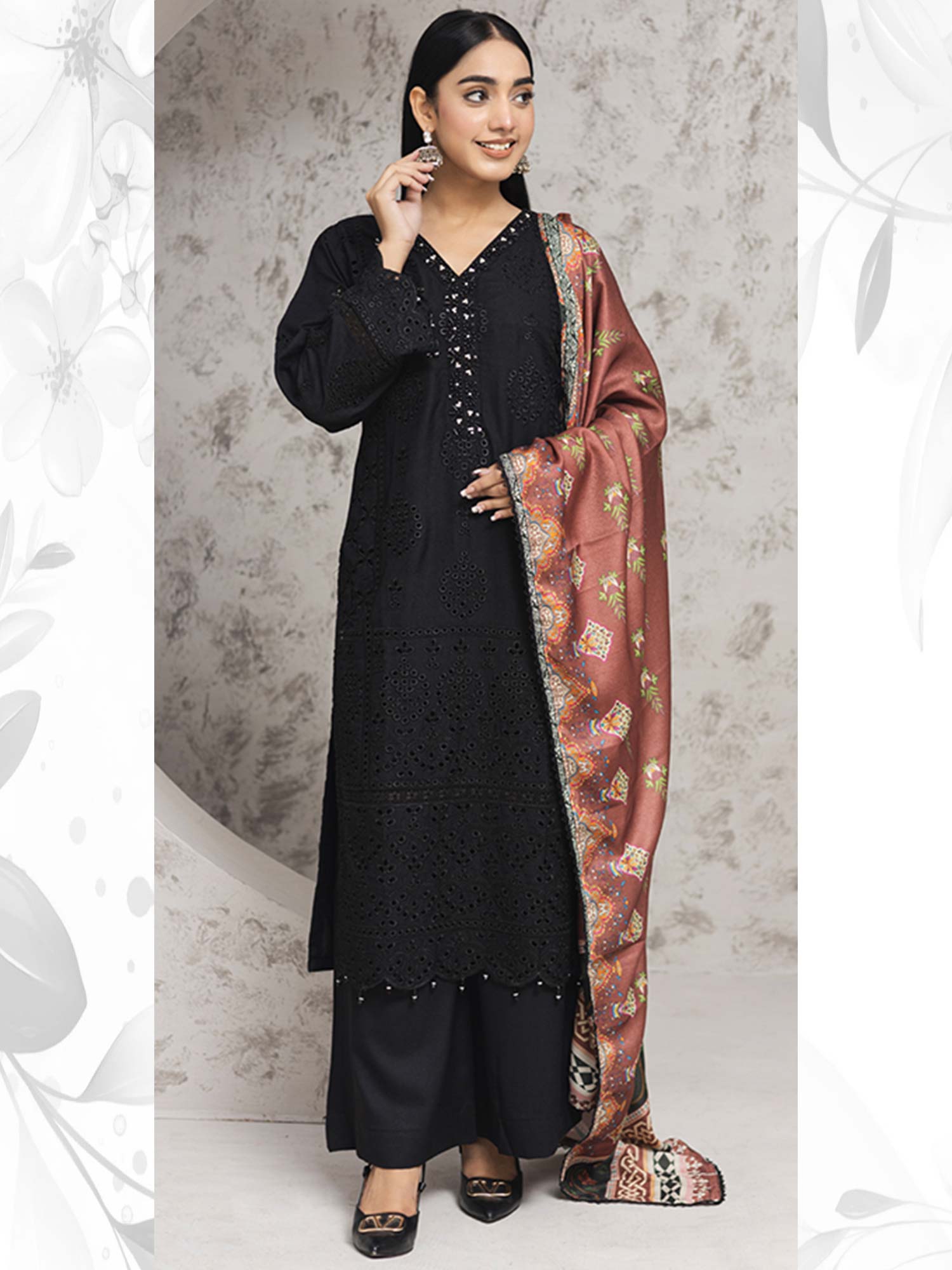 Rangz Black Winter Chikankari Dhanak Suit with Shawl
