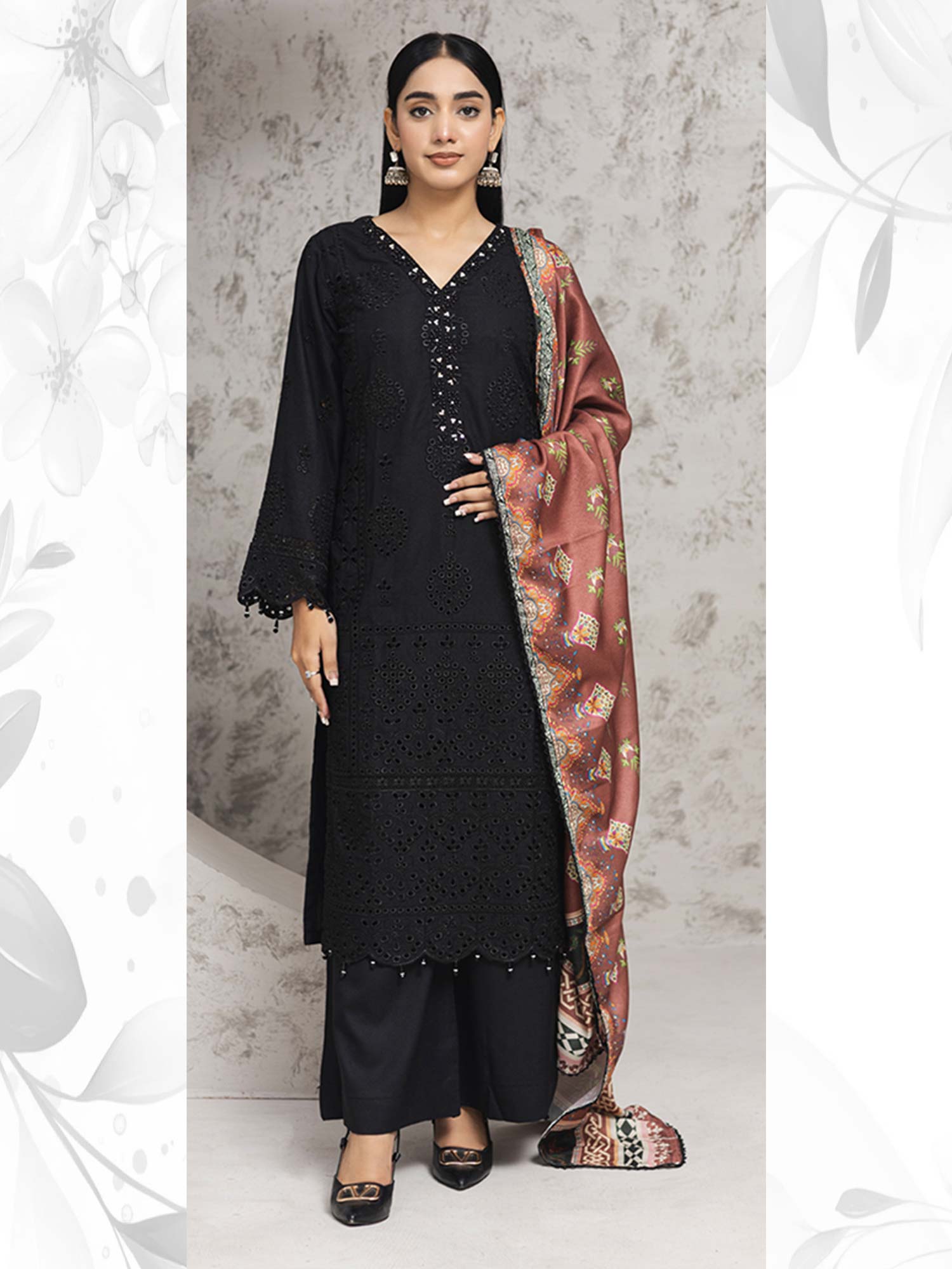 Rangz Black Winter Chikankari Dhanak Suit with Shawl