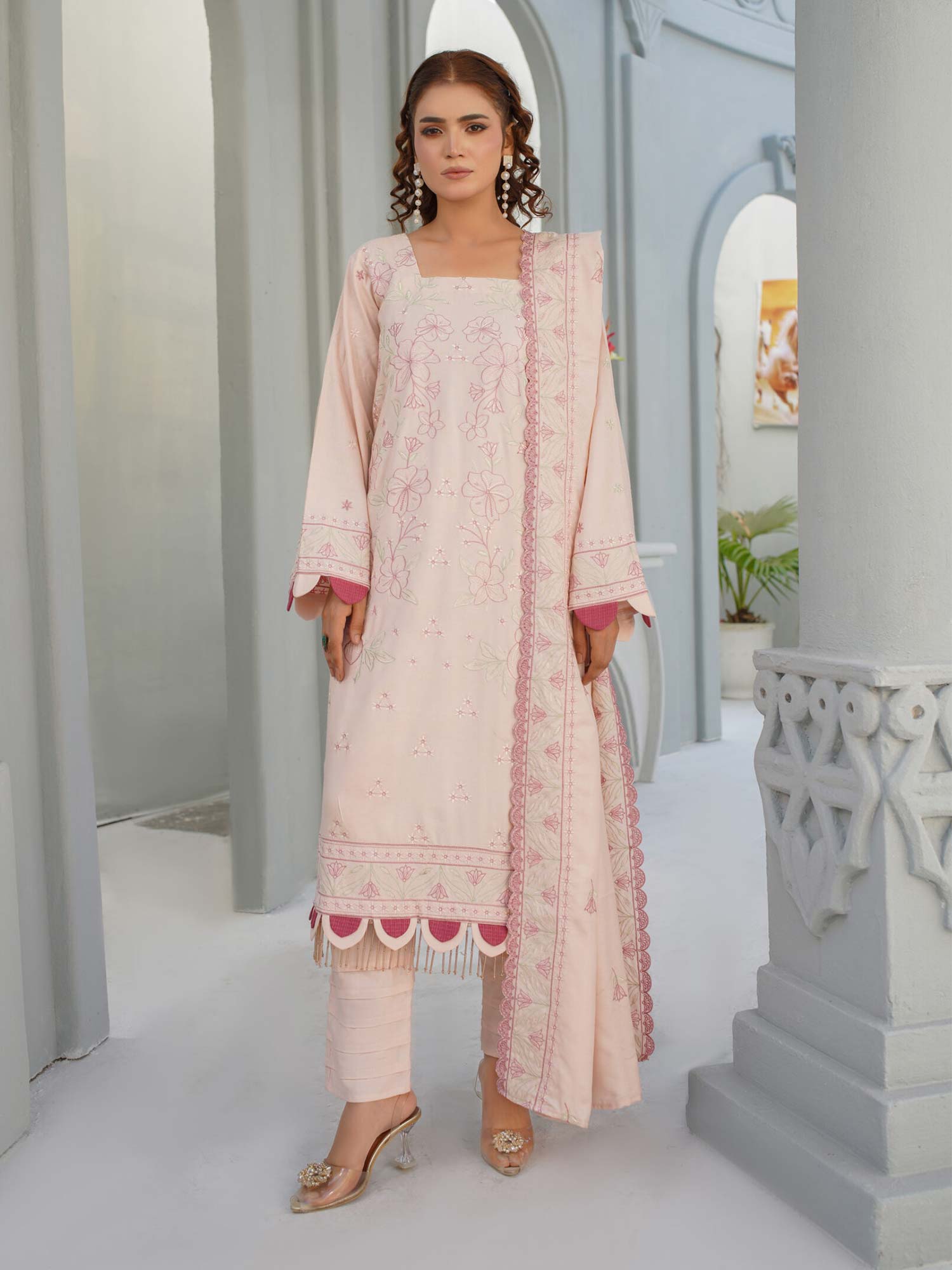 Manizay "Umang" Unstitched Winter Leather-Peach Suit (M-01)