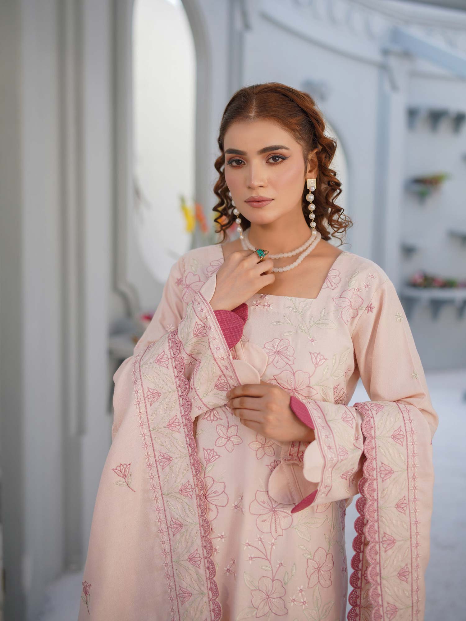 Manizay "Umang" Unstitched Winter Leather-Peach Suit (M-01)