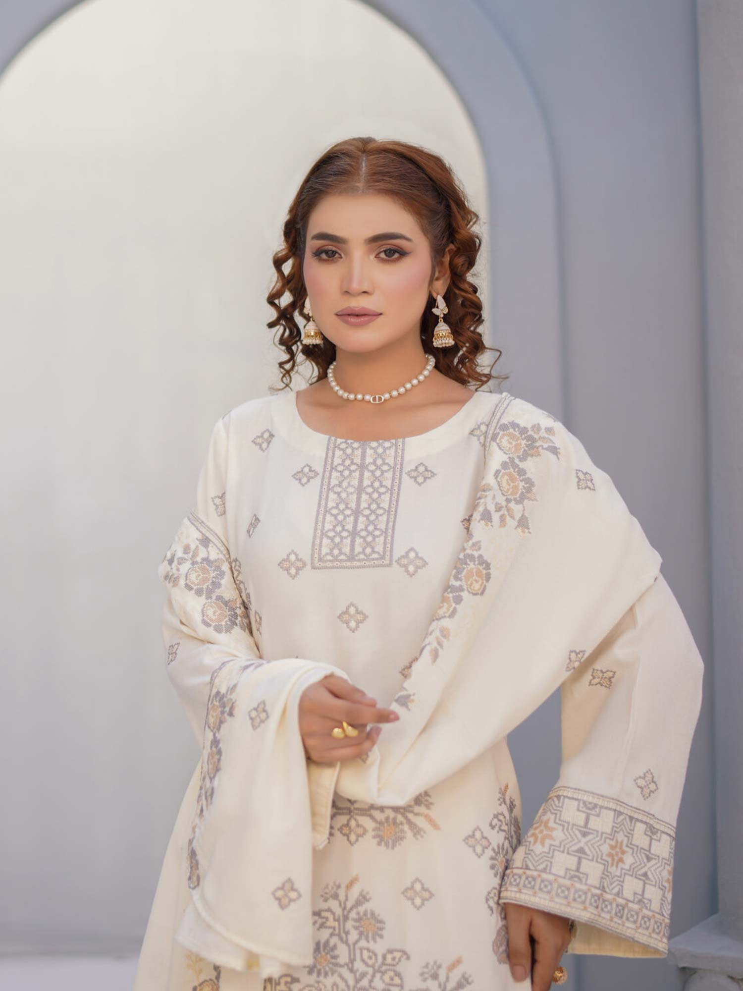 Manizay "Umang" Unstitched Winter Leather-Peach Suit (M-06)