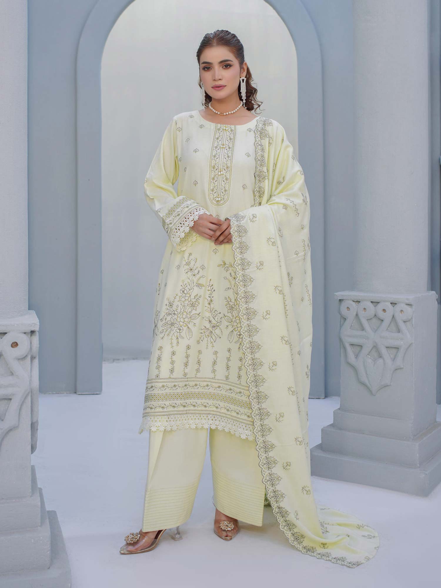 Manizay "Umang" Unstitched Winter Leather-Peach Suit (M-07)