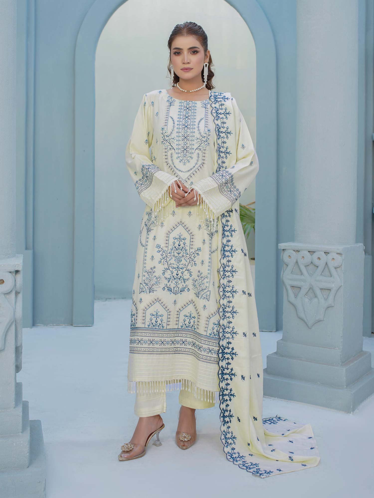 Manizay "Umang" Unstitched Winter Leather-Peach Suit (M-09)