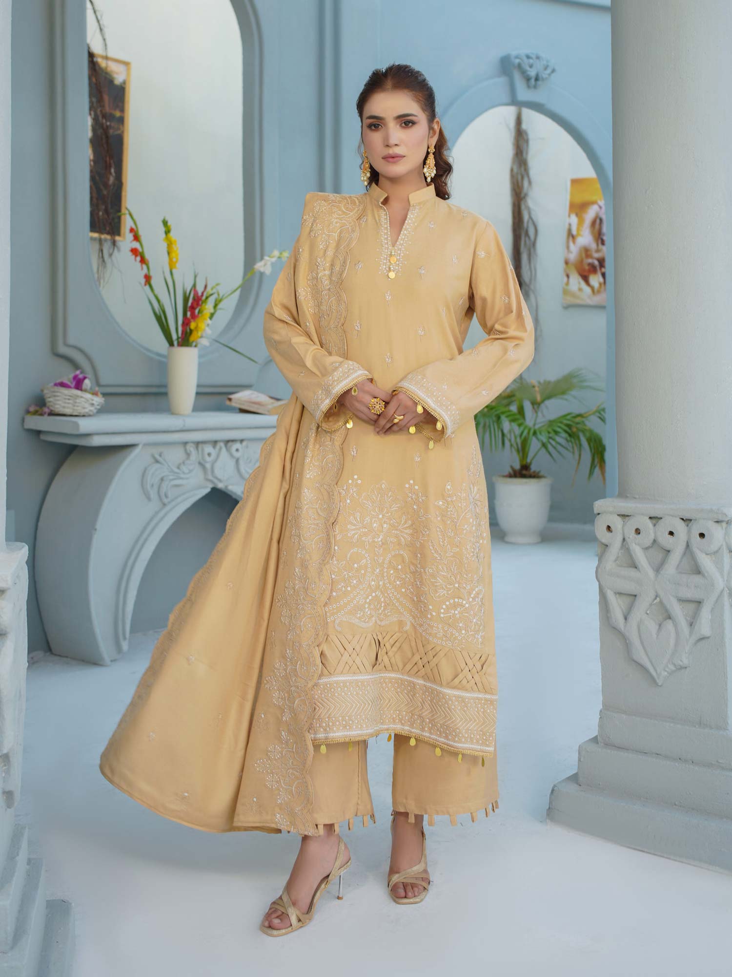 Manizay "Umang" Unstitched Winter Leather-Peach Suit (M-10)