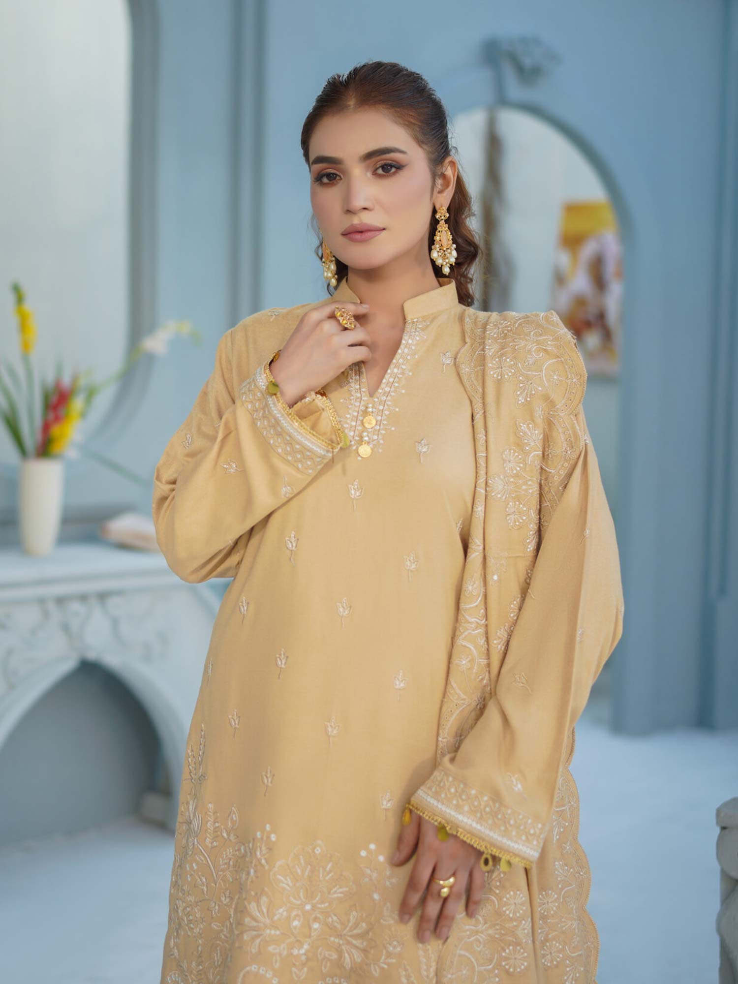 Manizay "Umang" Unstitched Winter Leather-Peach Suit (M-10)