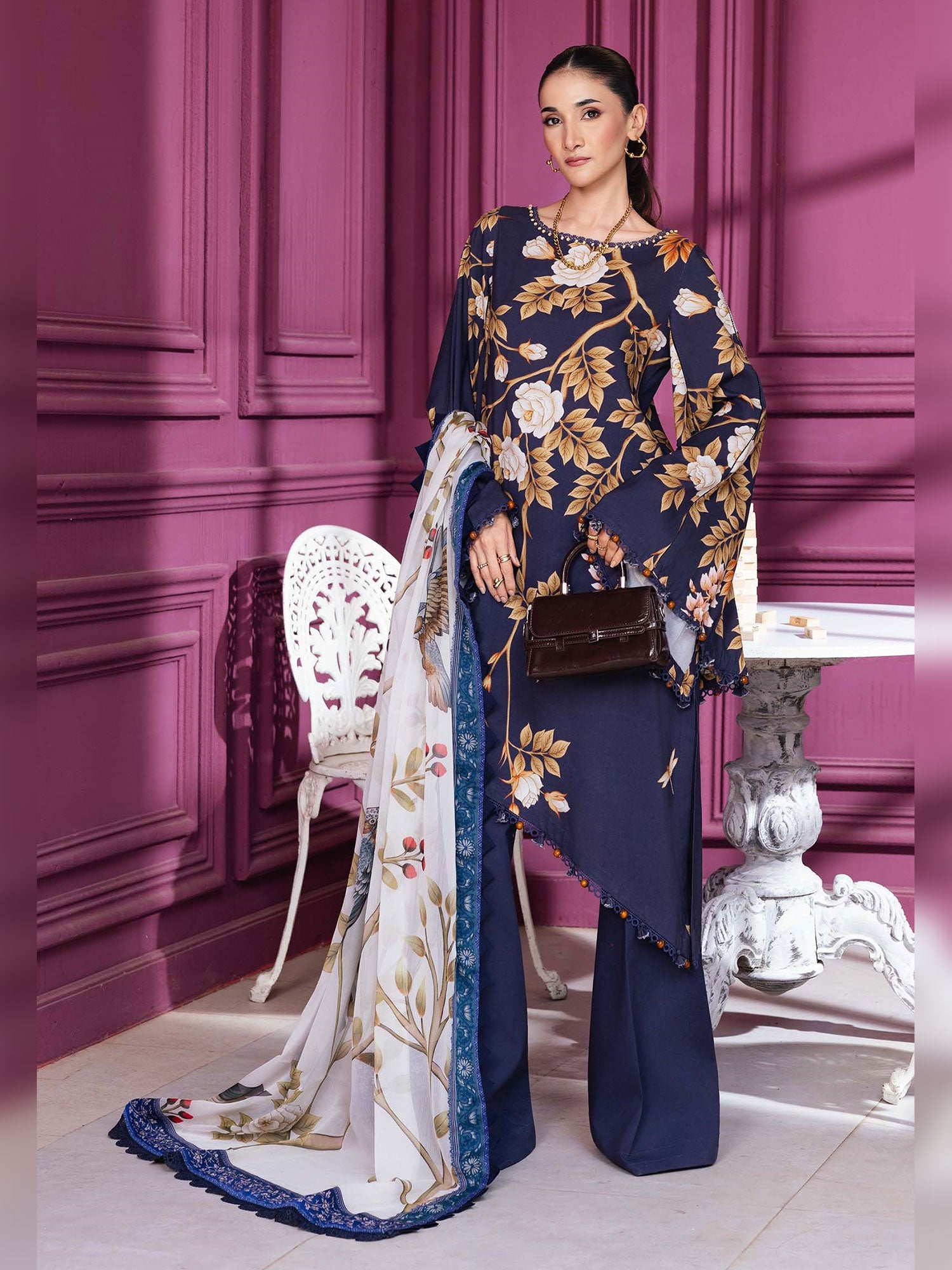 Maria.B Unstitched Winter Linen Suit (MB-CUS25-1102A) - Navy