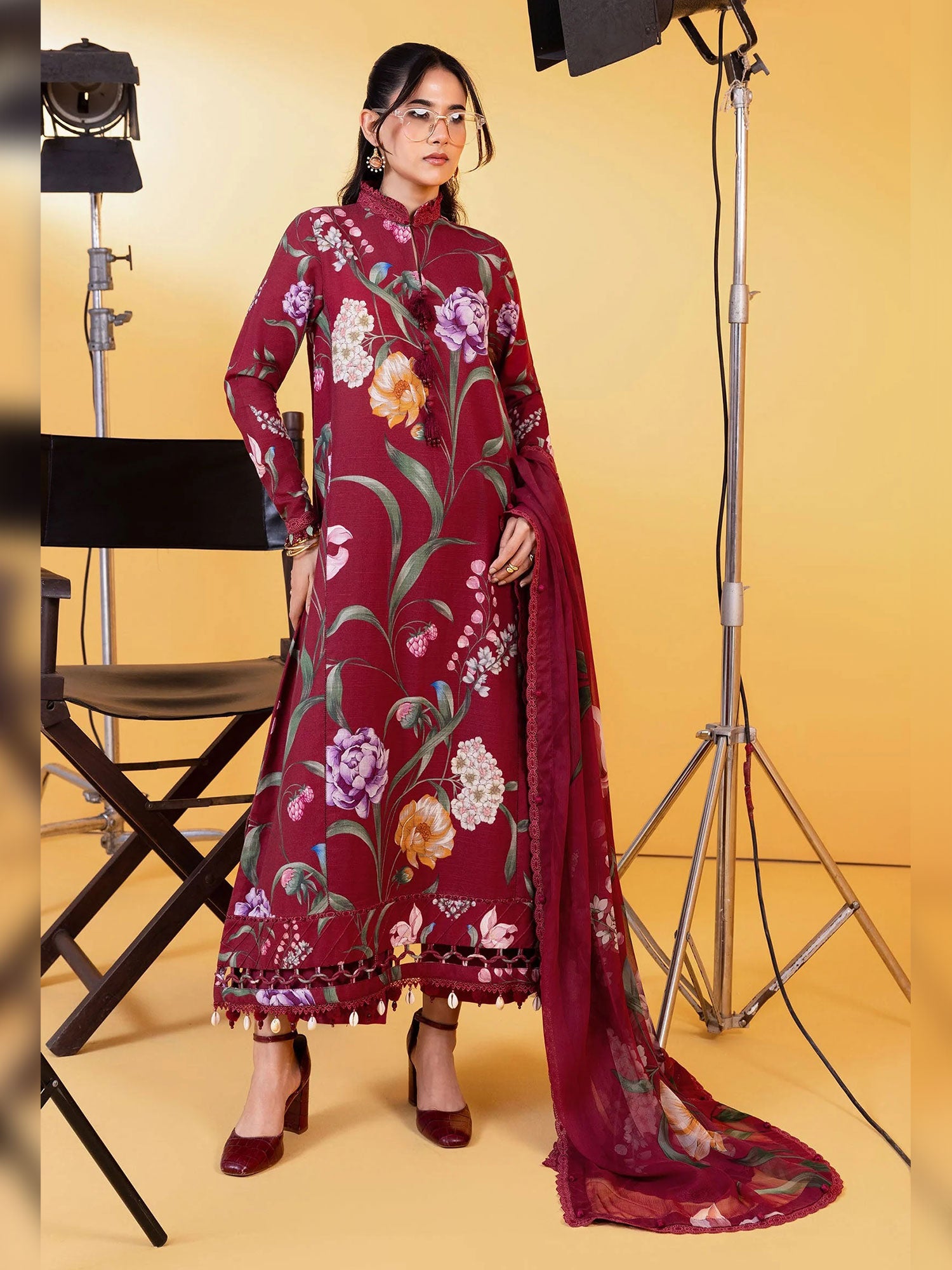 Maria.B Unstitched Winter Khaddar Suit (MB-CUS25-1103A) - Maroon