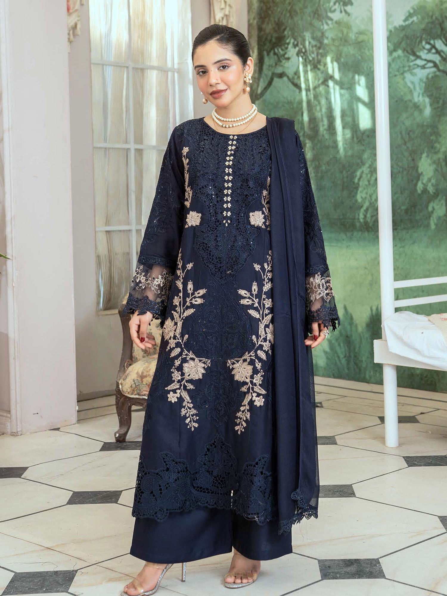 Lux Embroidered Linen 3pc Suit - Dark Navy