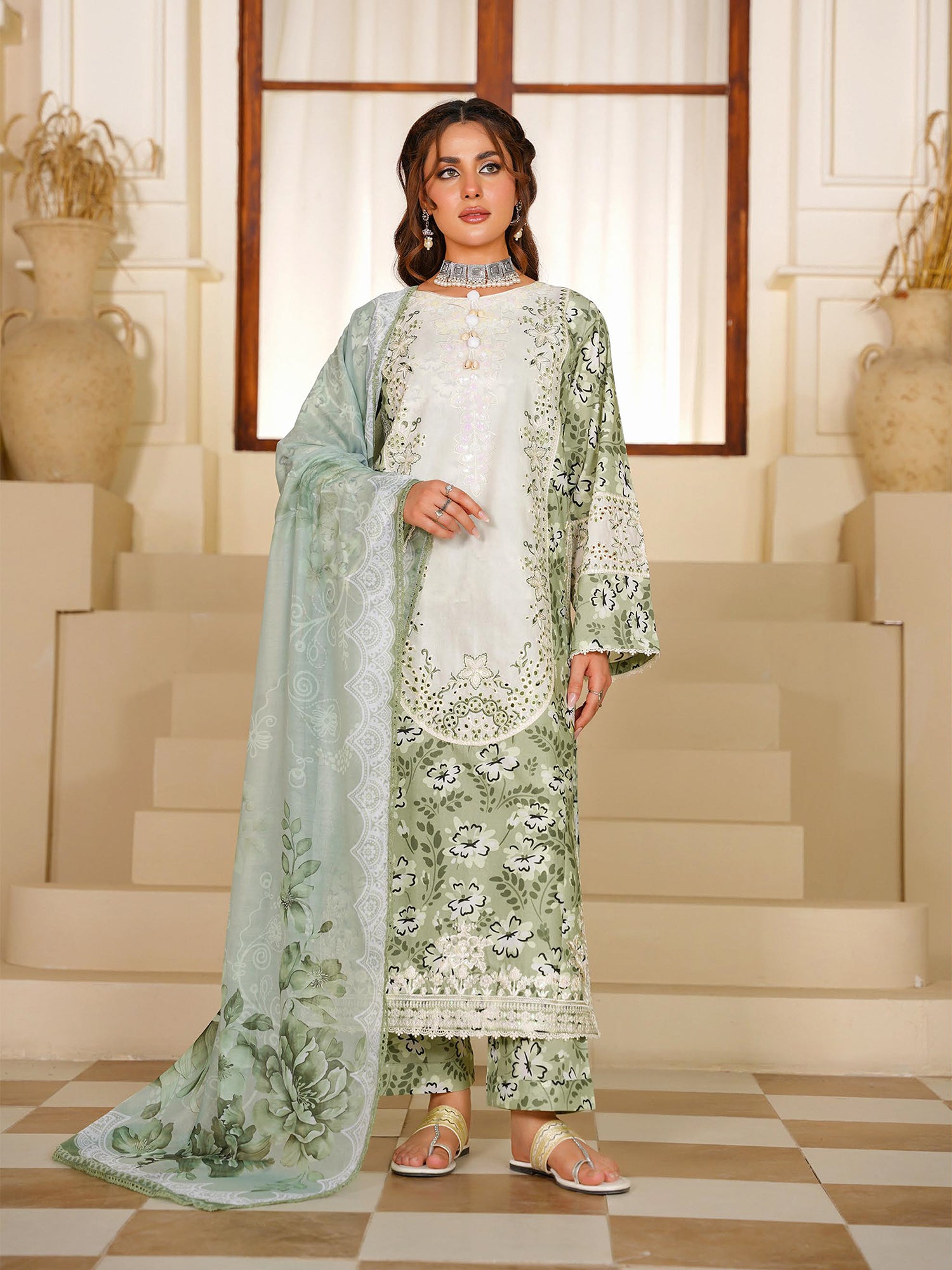 Green Embroidered Cotton-Lawn 3-Piece Suit (MD01-B)