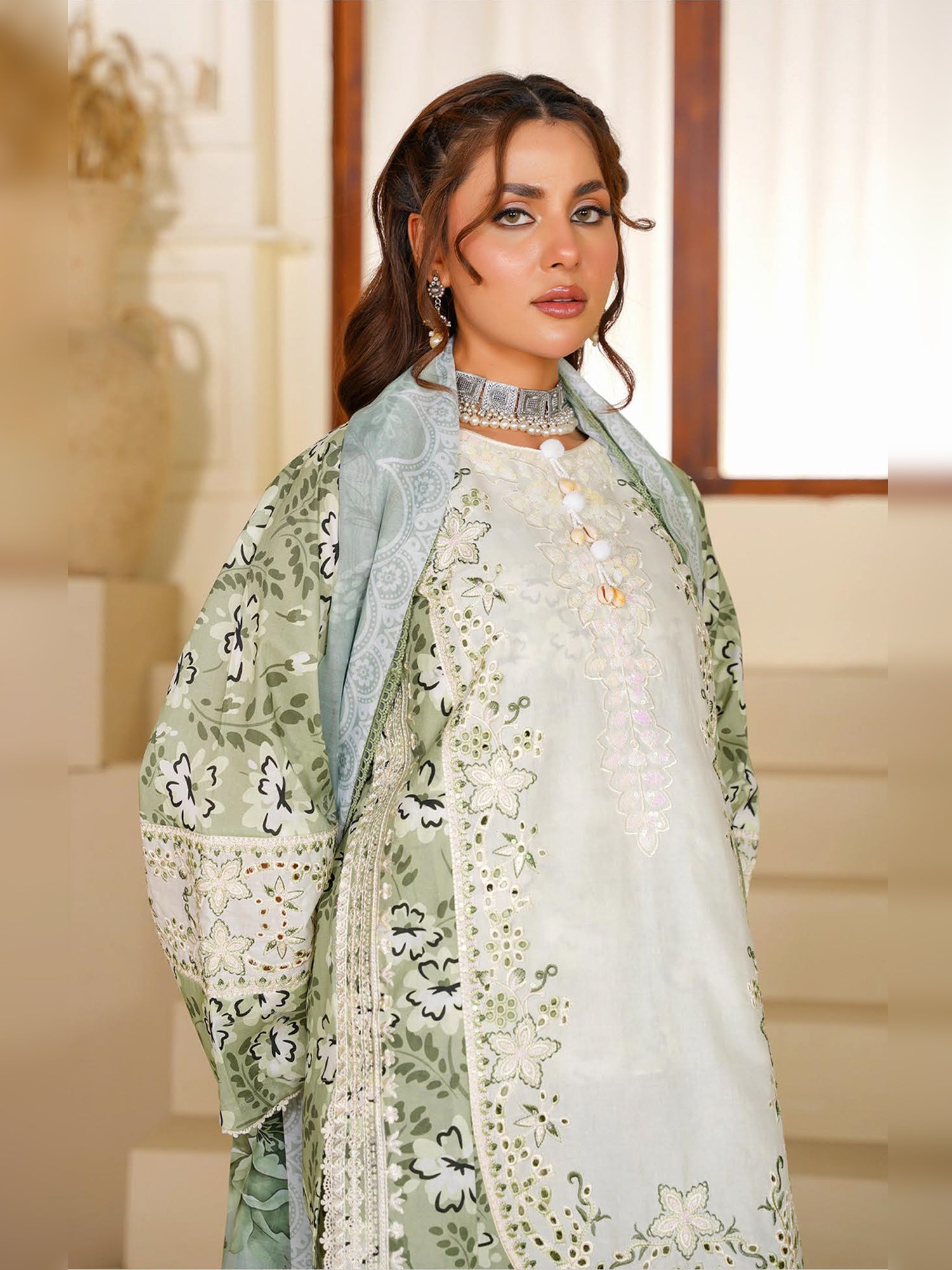 Green Embroidered Cotton-Lawn 3-Piece Suit (MD01-B)