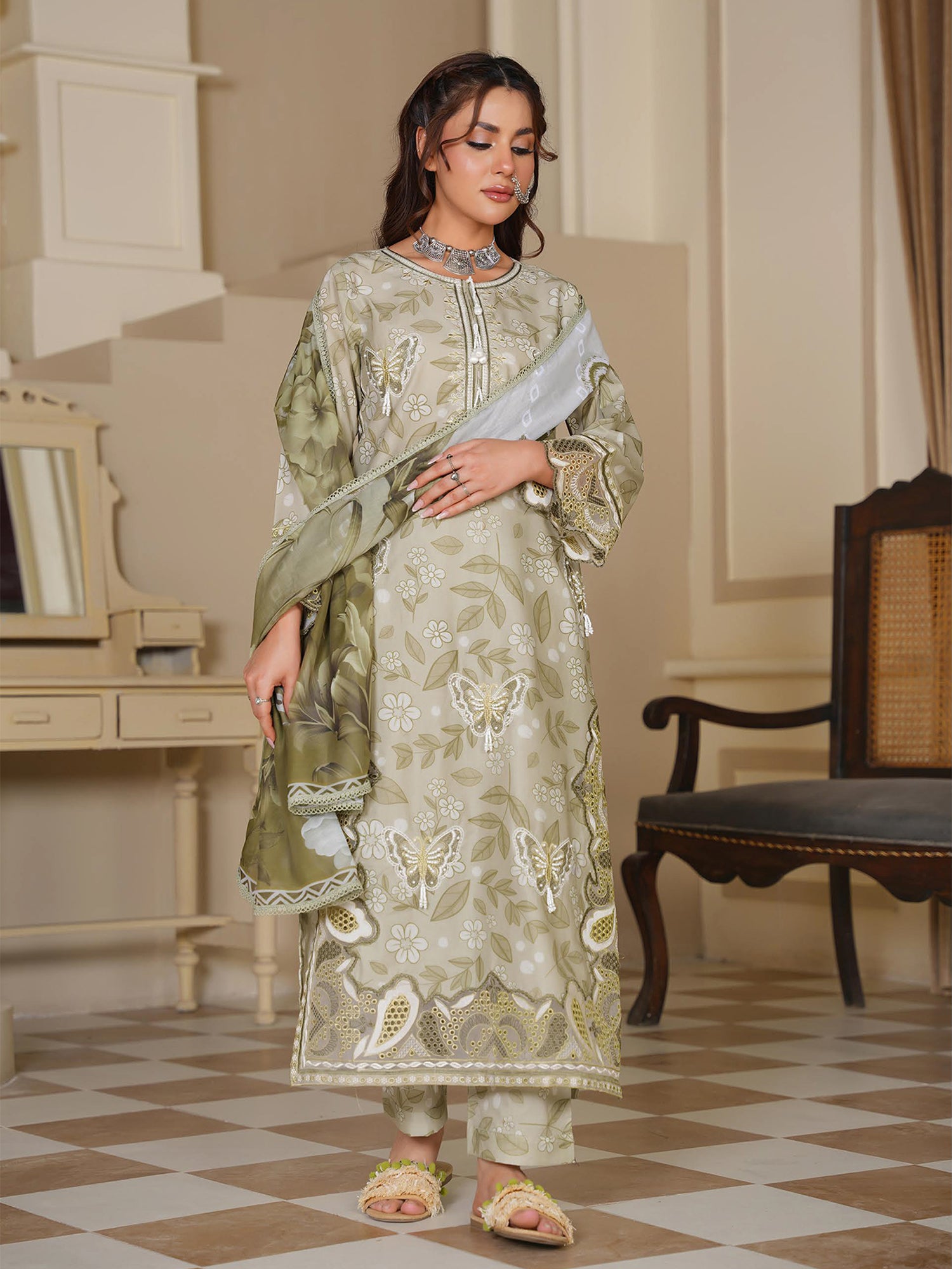 Olive Green Embroidered Cotton-Lawn 3-Piece Suit (MD02-A)