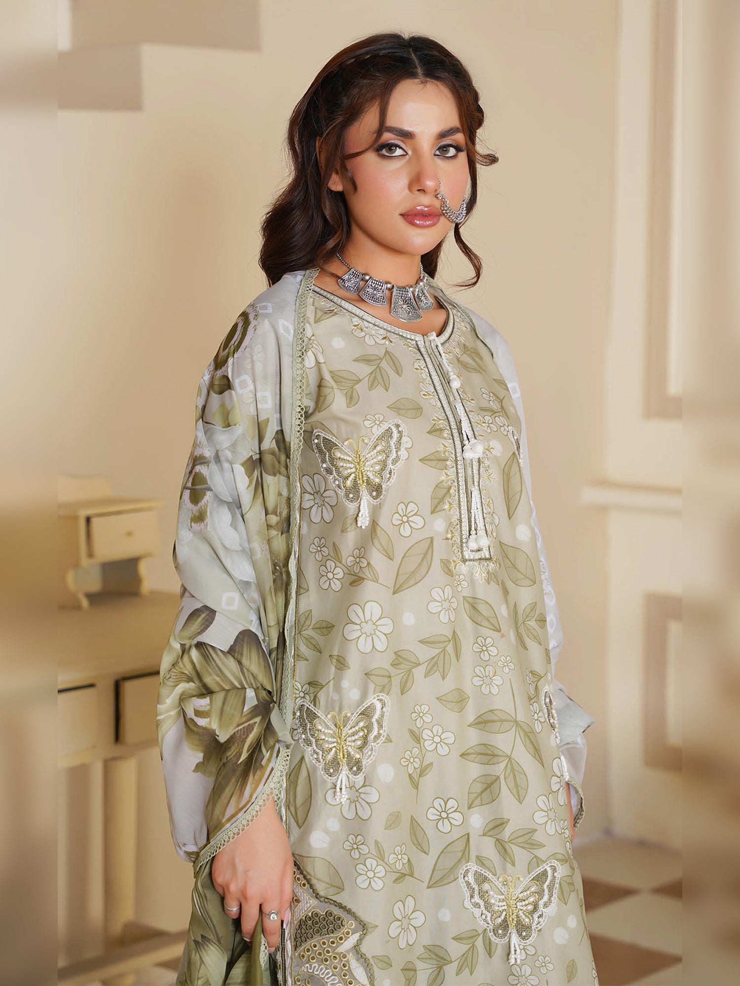 Olive Green Embroidered Cotton-Lawn 3-Piece Suit (MD02-A)