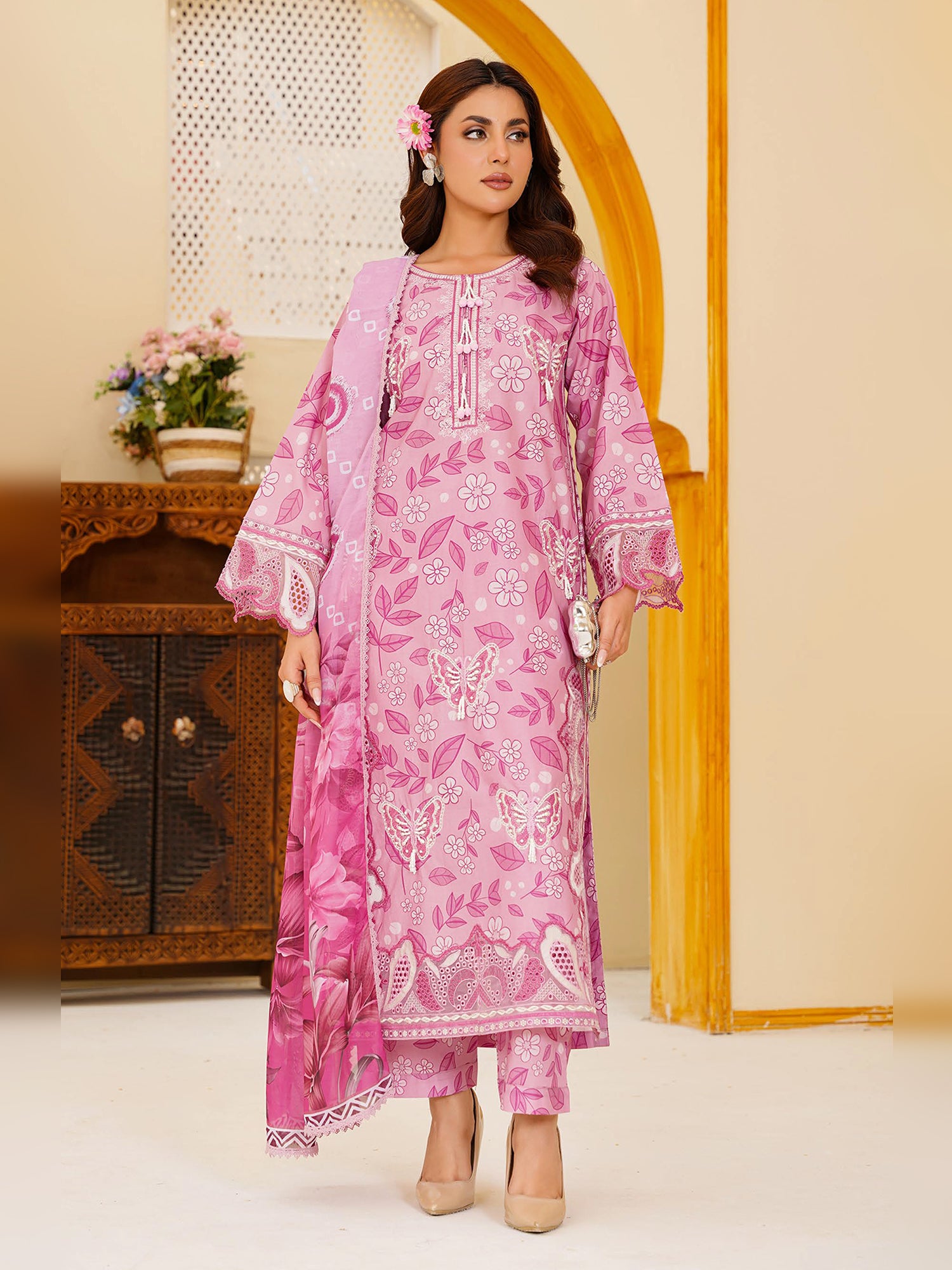 Pink Embroidered Cotton-Lawn 3-Piece Suit (MD02-B)