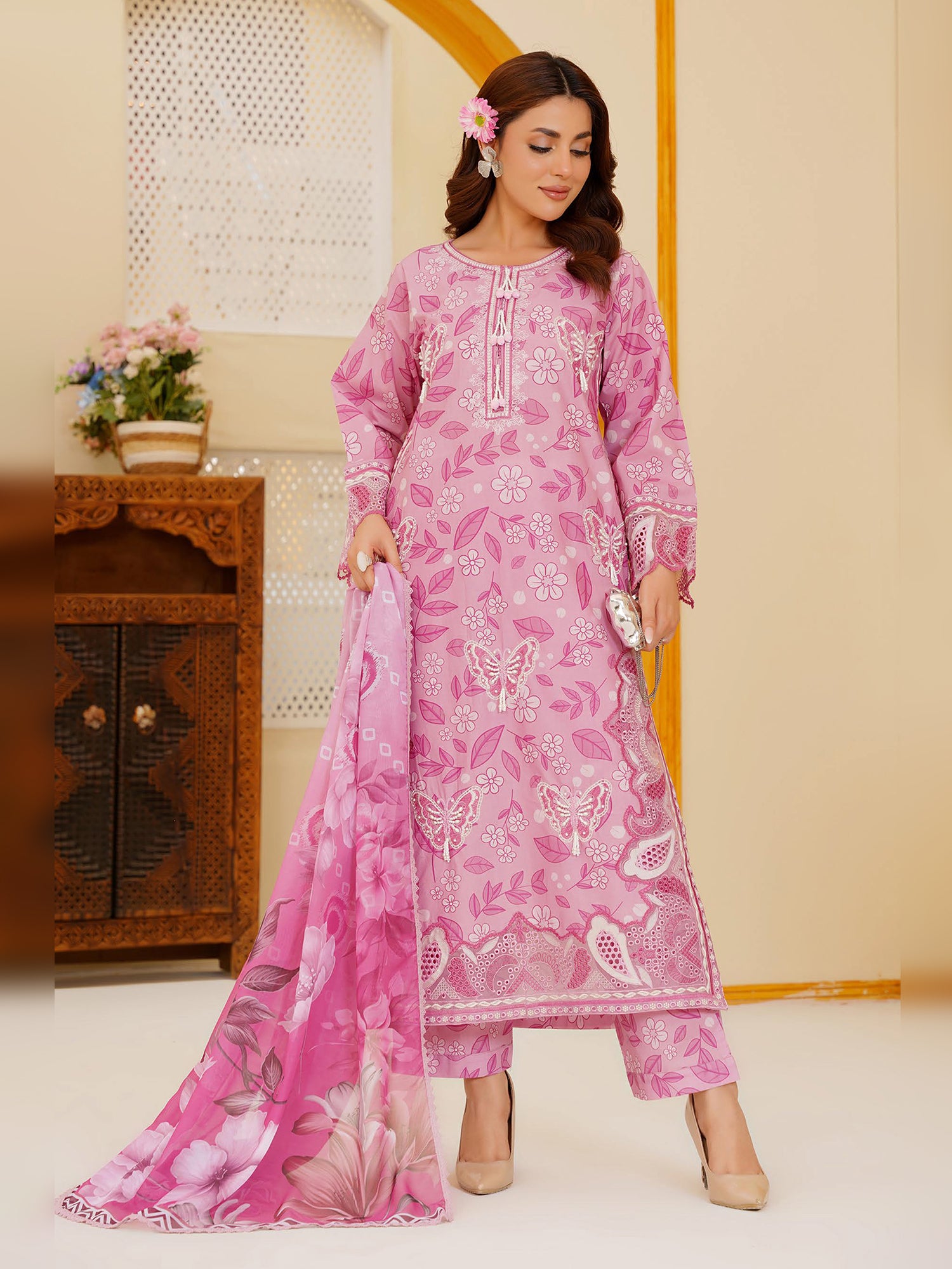 Pink Embroidered Cotton-Lawn 3-Piece Suit (MD02-B)
