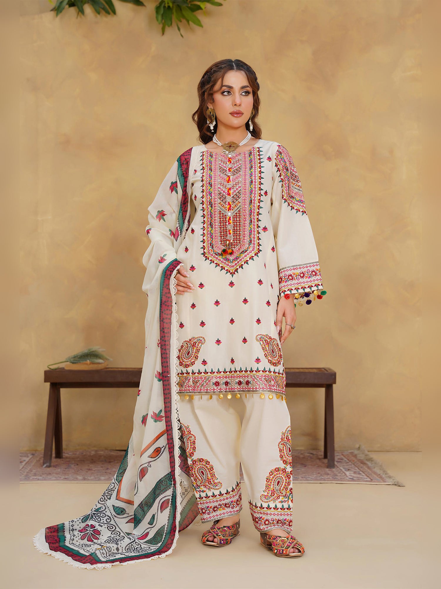 Ivory Embroidered Cotton-Lawn 3-Piece Suit (MD03-B)
