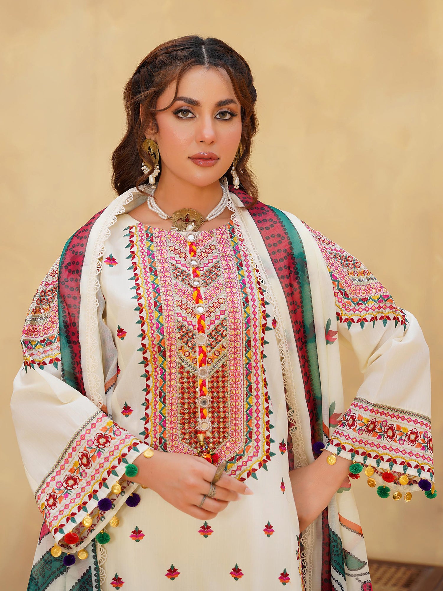 Ivory Embroidered Cotton-Lawn 3-Piece Suit (MD03-B)
