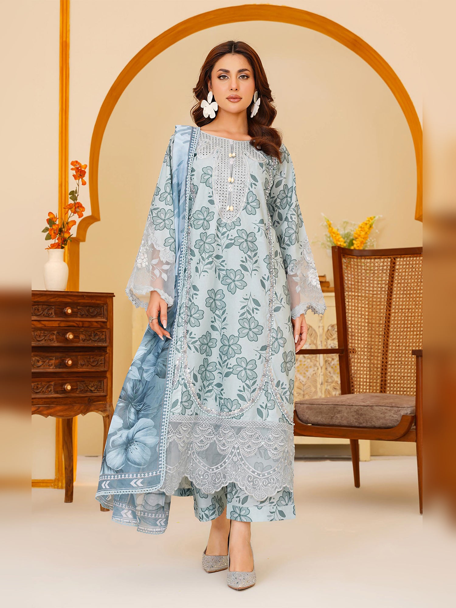 Green-Grey Embroidered Cotton-Lawn 3-Piece Suit (MD04-A)