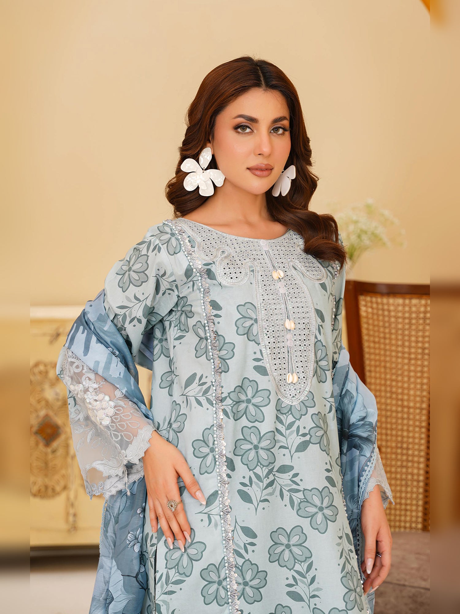 Green-Grey Embroidered Cotton-Lawn 3-Piece Suit (MD04-A)
