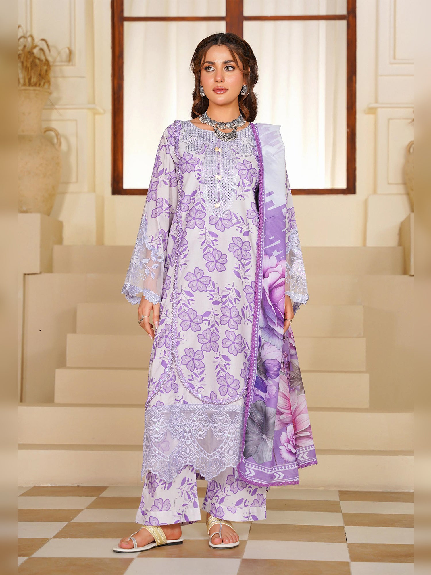 Magenta Embroidered Cotton-Lawn 3-Piece Suit (MD04-B)