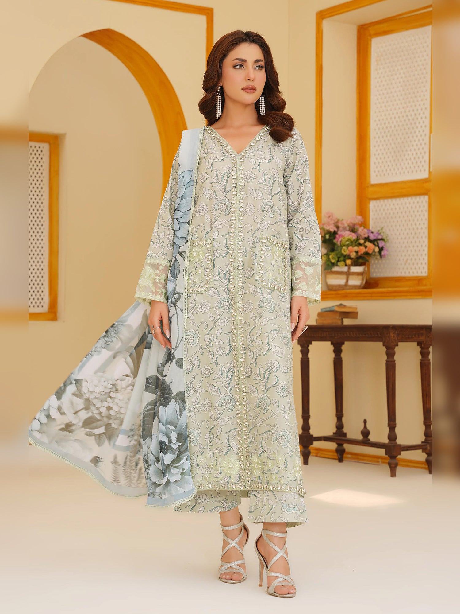 Sage Green Embroidered Cotton-Lawn 3-Piece Suit (MD05-A)