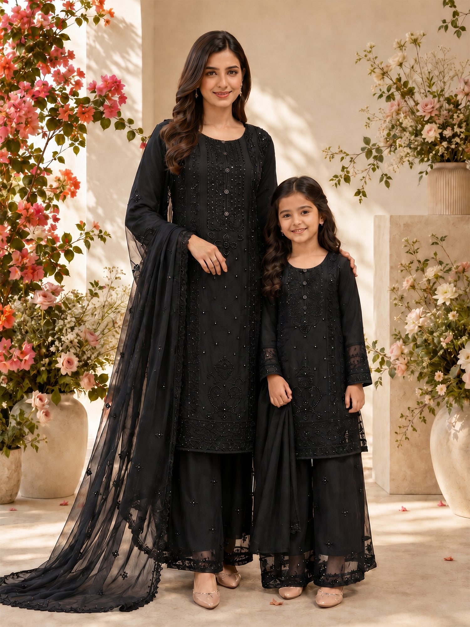 Mother-Daughter Chiffon Solids Embroidered Suit - Black