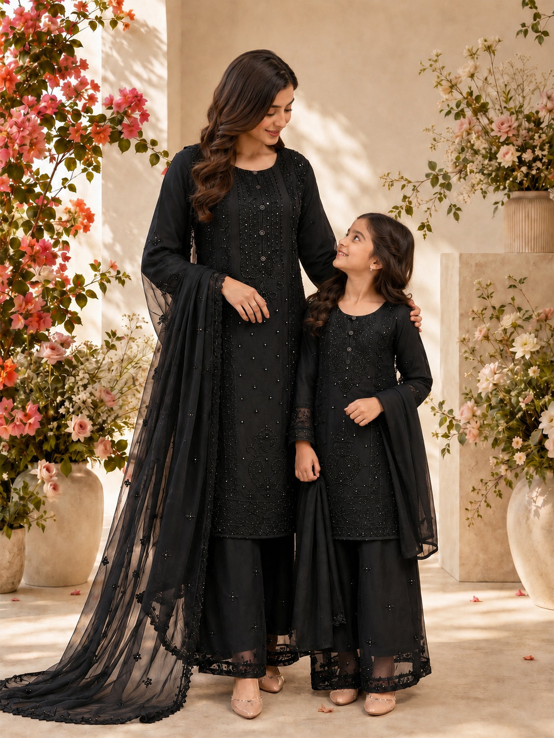 Mother-Daughter Chiffon Solids Embroidered Suit - Black