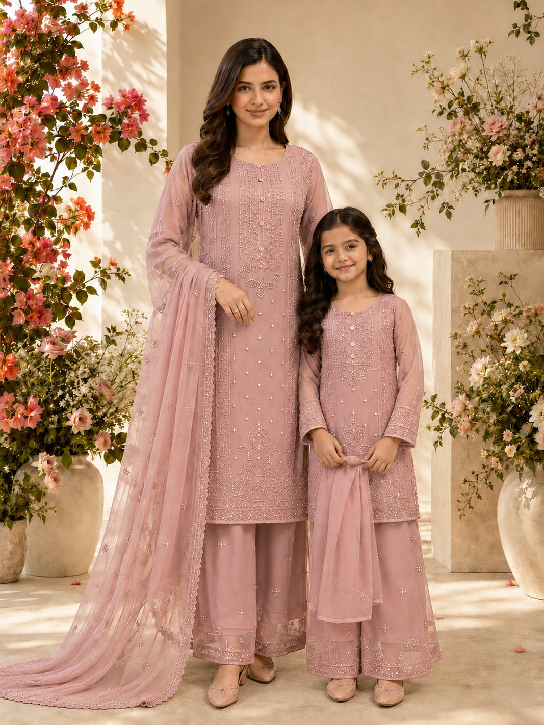 Mother-Daughter Chiffon Solids Embroidered Suit - Dusky Pink