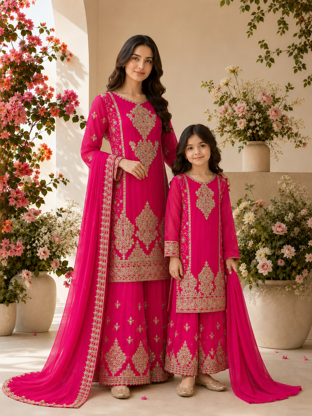 Mother-Daughter Chiffon Embroidered Suit with Sharara - Pink