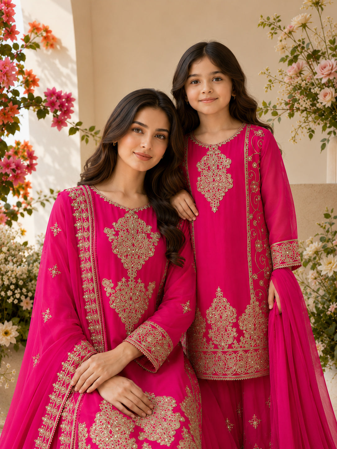 Mother-Daughter Chiffon Embroidered Suit with Sharara - Pink