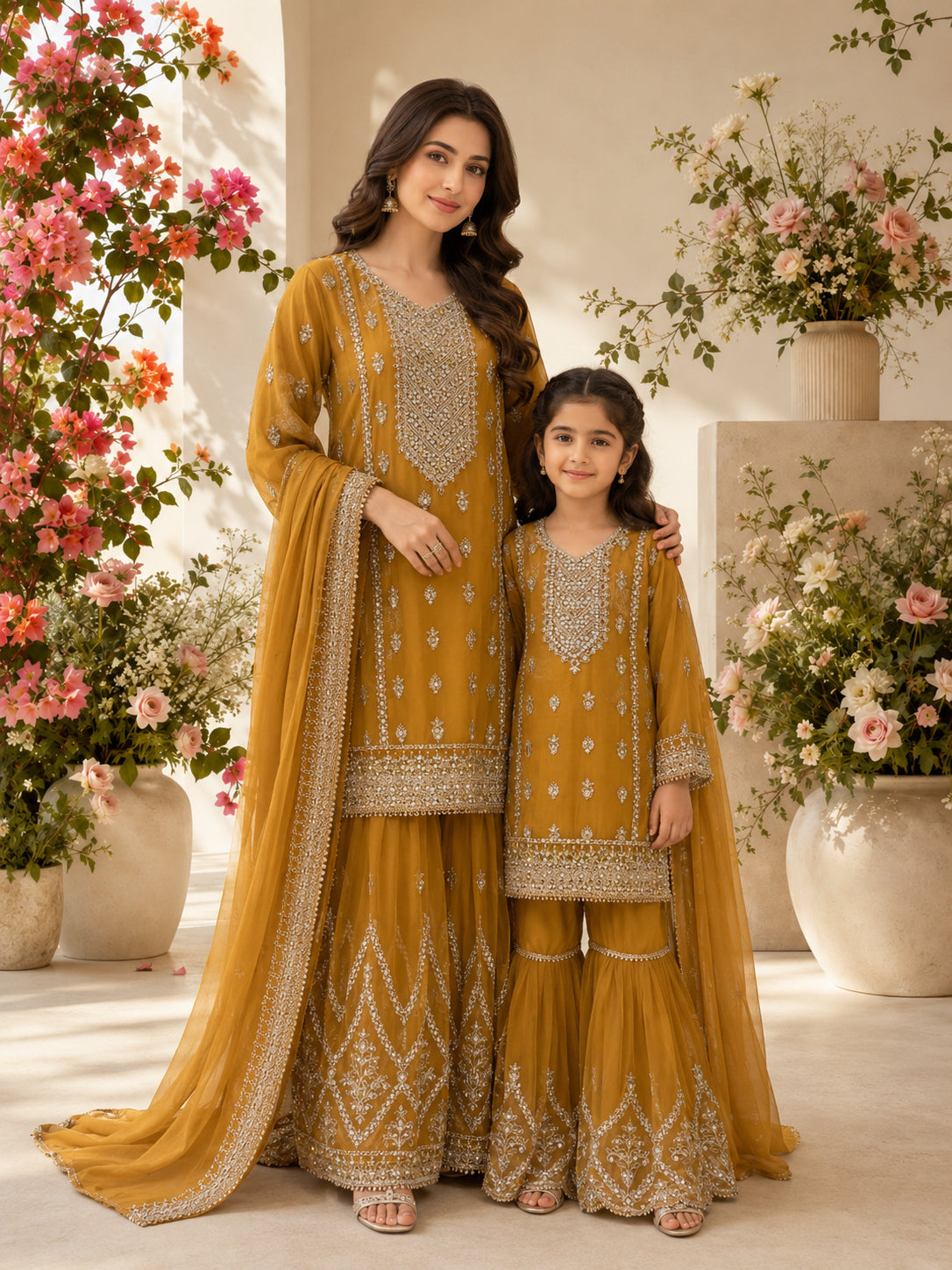 Mother-Daughter Chiffon Embroidered Suit with Gharara - Mustard