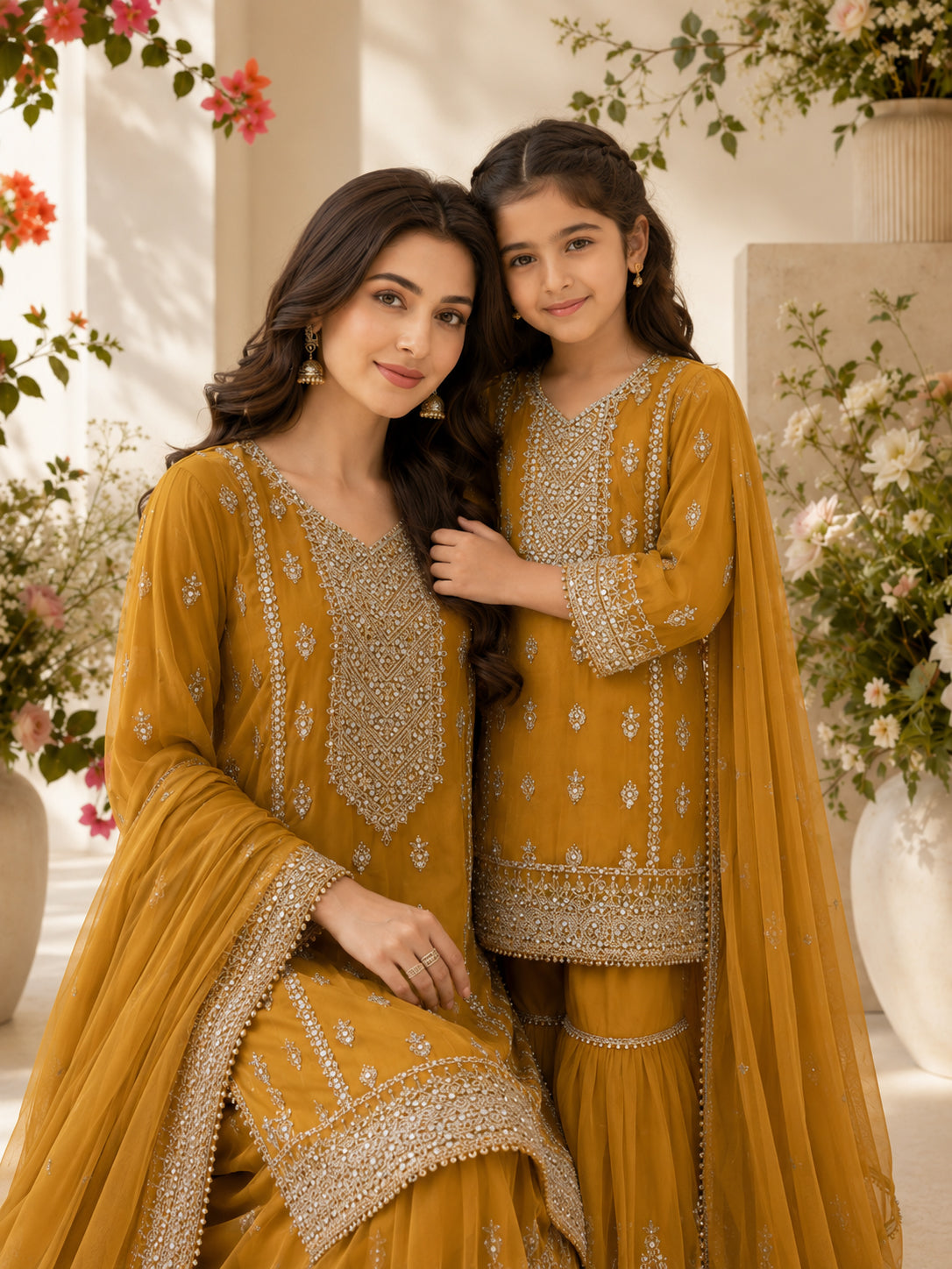 Mother-Daughter Chiffon Embroidered Suit with Gharara - Mustard