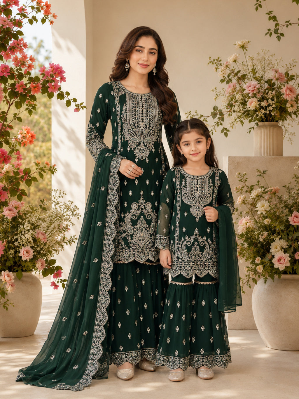Mother-Daughter Chiffon Embroidered Suit with Gharara - Dark Green