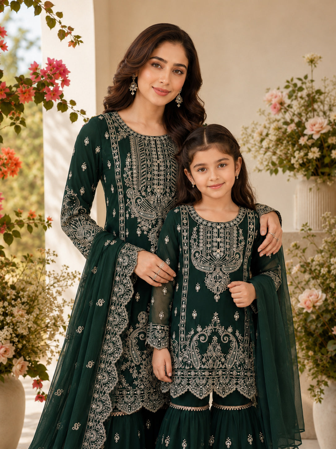 Mother-Daughter Chiffon Embroidered Suit with Gharara - Dark Green