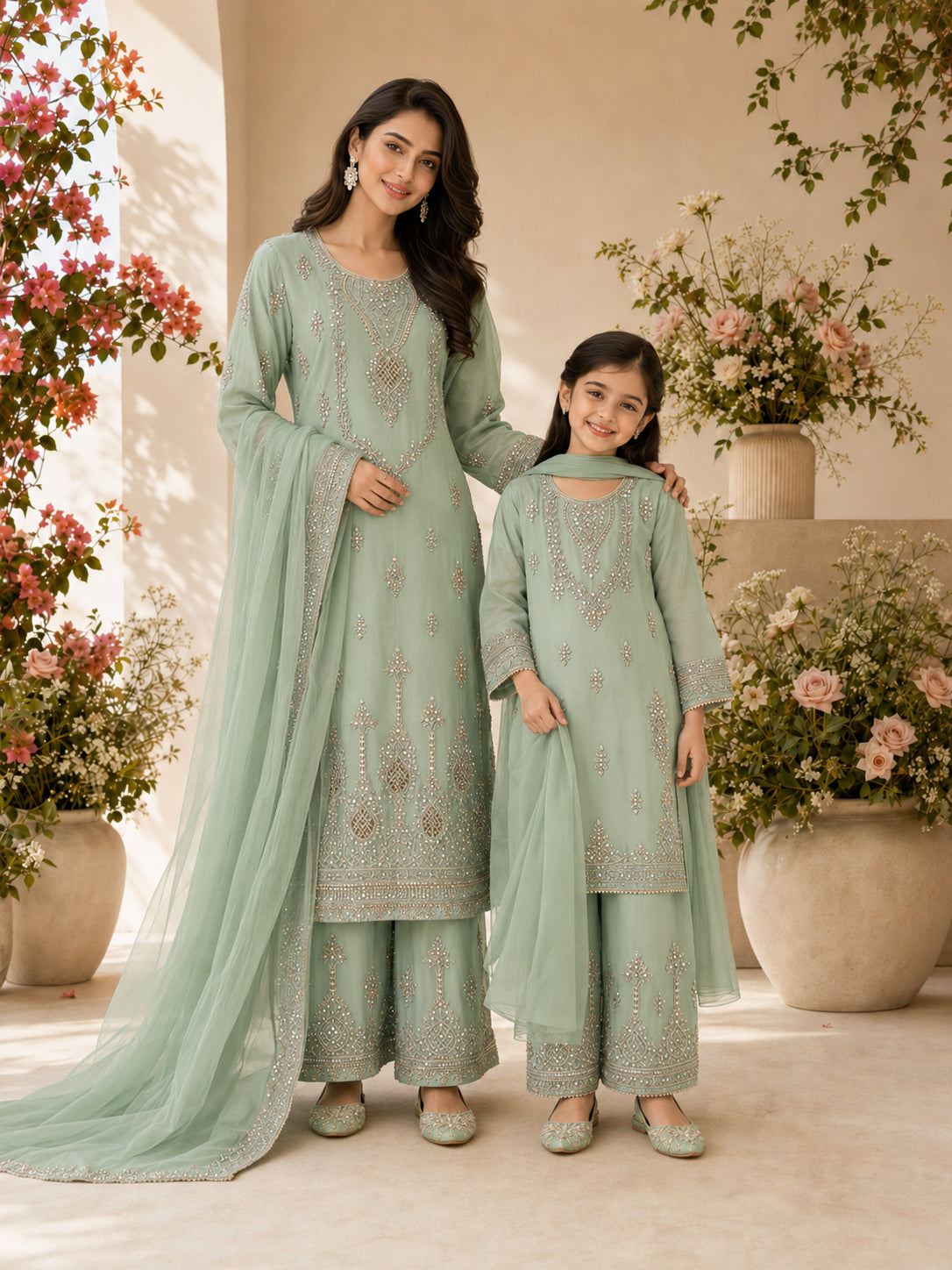 Mother-Daughter Chiffon Embroidered Suit - Mint Green