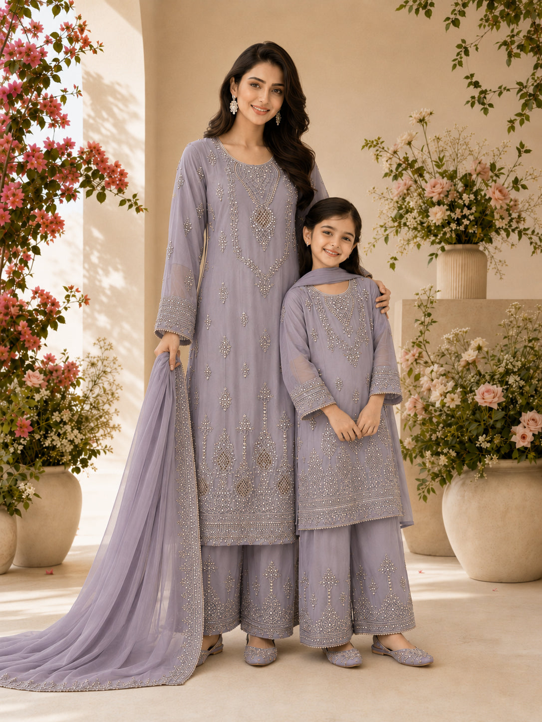 Mother-Daughter Chiffon Embroidered Suit - Lilac