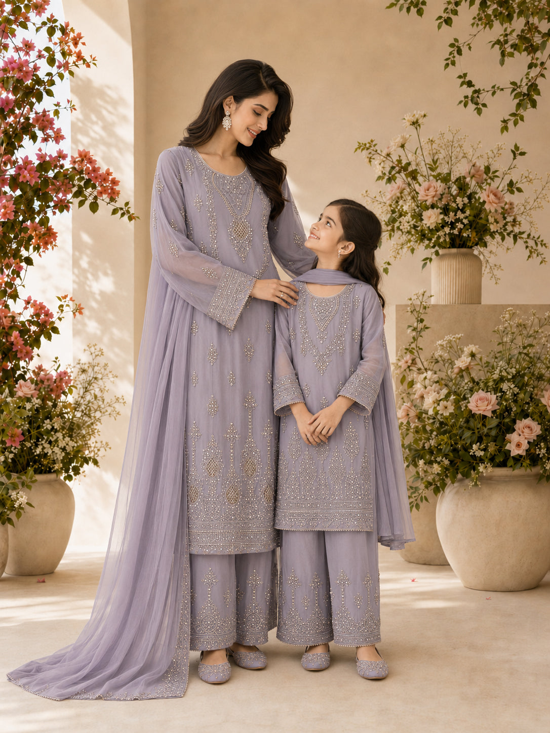 Mother-Daughter Chiffon Embroidered Suit - Lilac